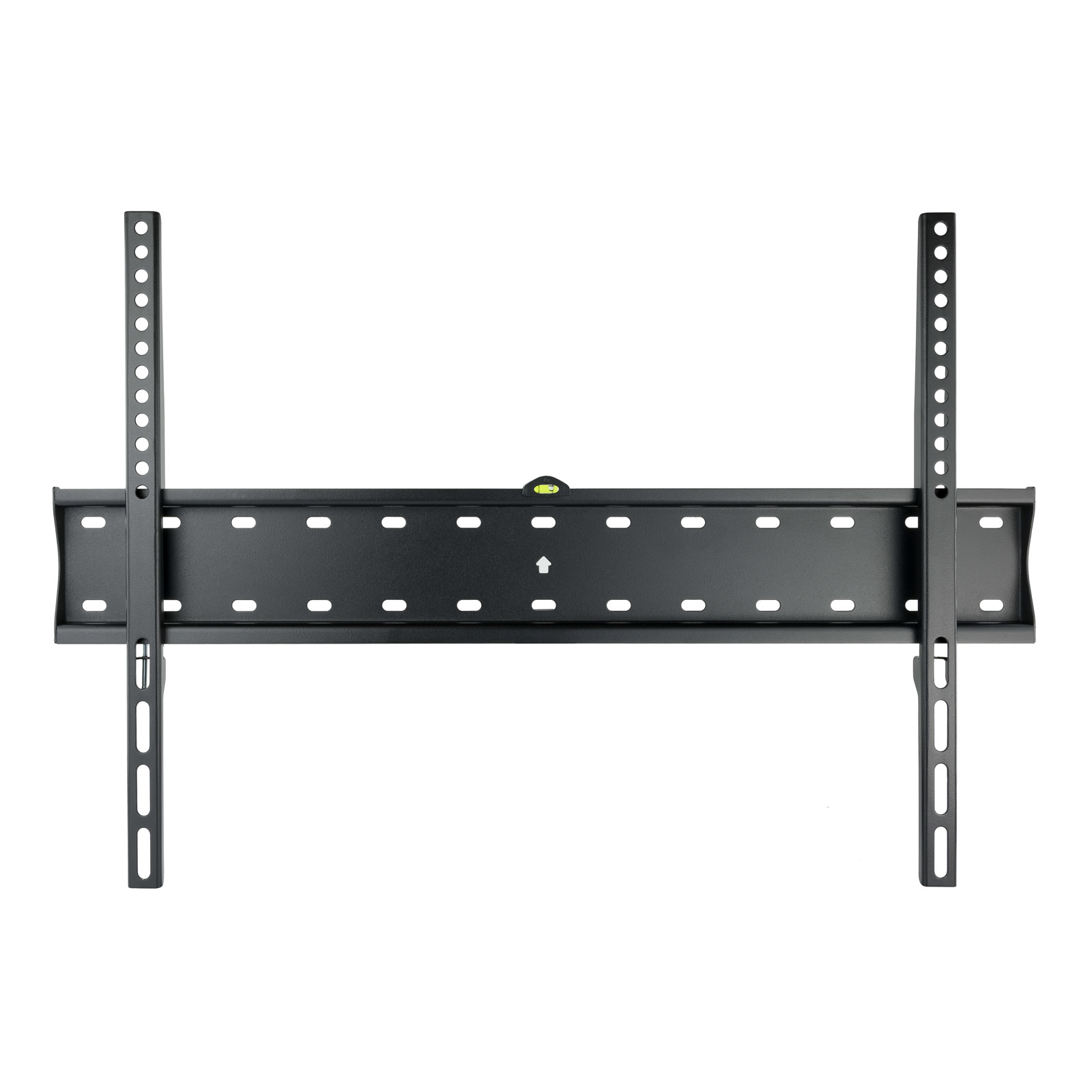 Un soporte de pared para TV negro. Tiene dos barras verticales con agujeros y una barra horizontal con agujeros y un nivel.