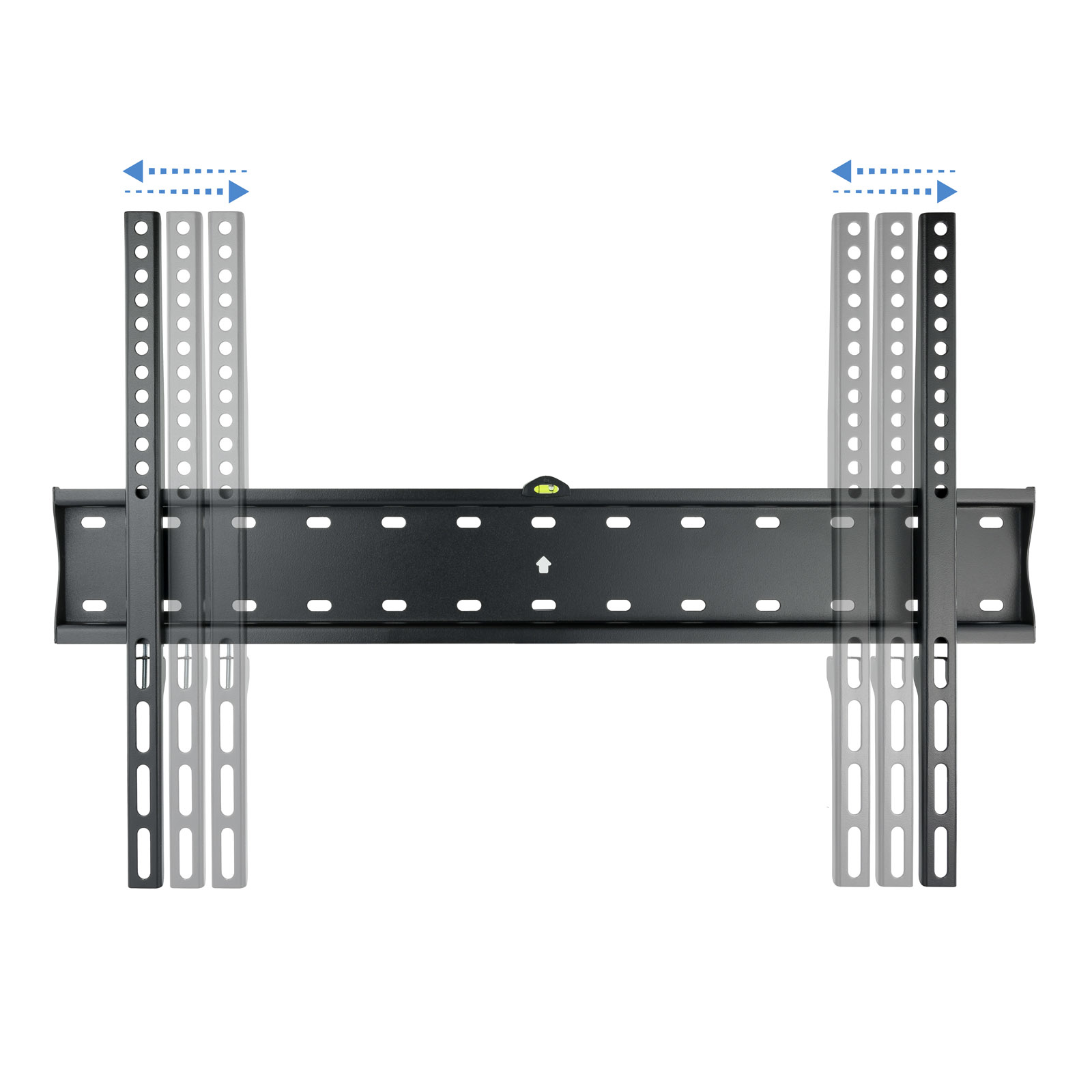 Soporte de pared para TV negro con brazos ajustables e indicador de nivel, sobre fondo blanco. Flechas indican movimiento.