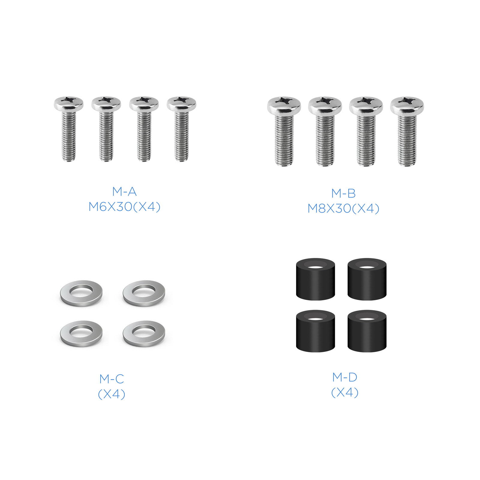 La imagen muestra tornillos, arandelas y cilindros negros, etiquetados como M-A, M-B, M-C y M-D. Cada juego tiene una cantidad de cuatro.