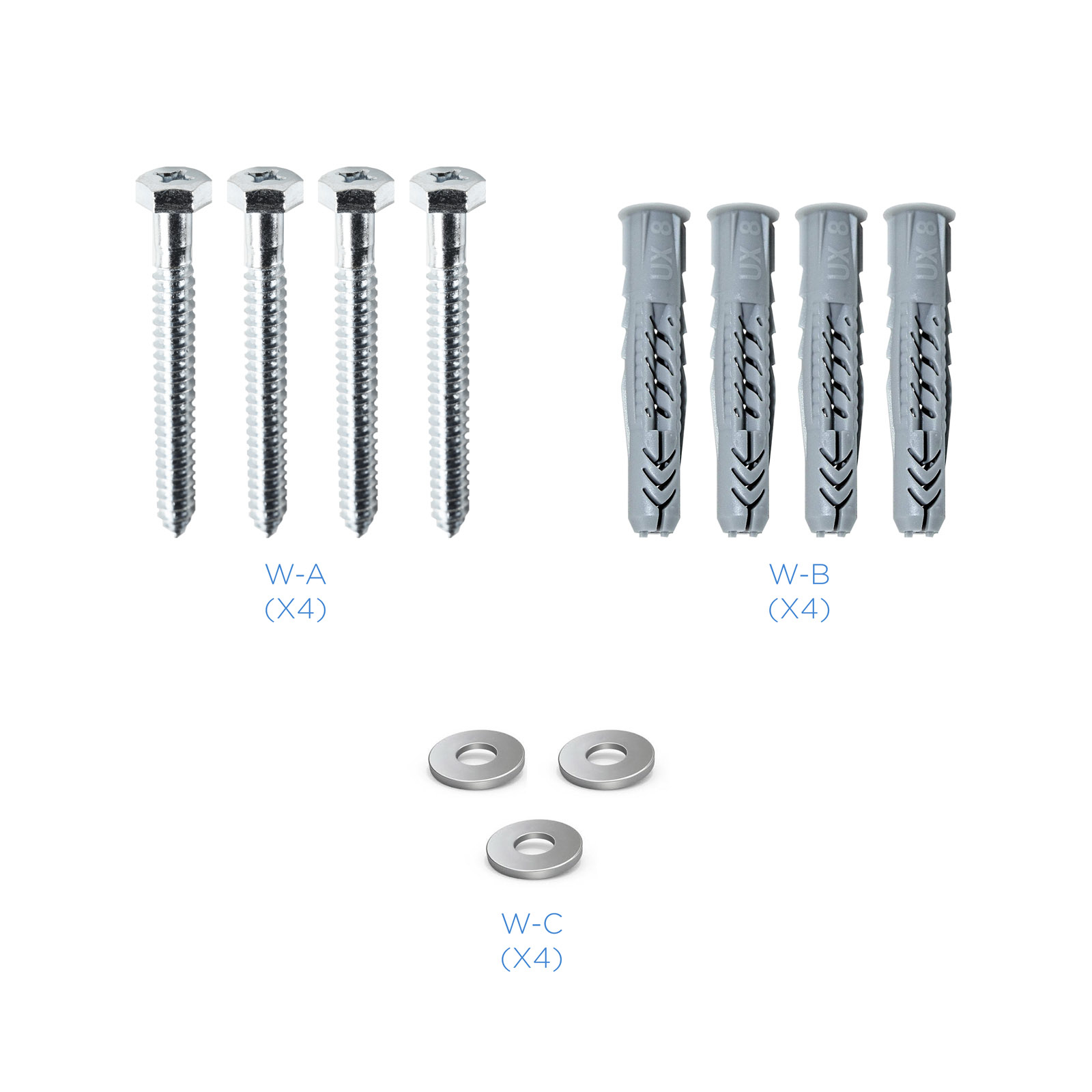 La imagen muestra tornillos, tacos y arandelas. Se ven cuatro tornillos (W-A), cuatro tacos (W-B) y cuatro arandelas (W-C).