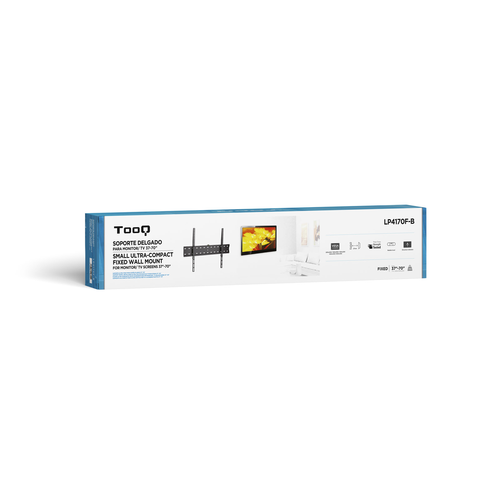 Una caja de producto para un soporte de pared de TV de la marca TooQ. Muestra un televisor montado en la pared y especificaciones.