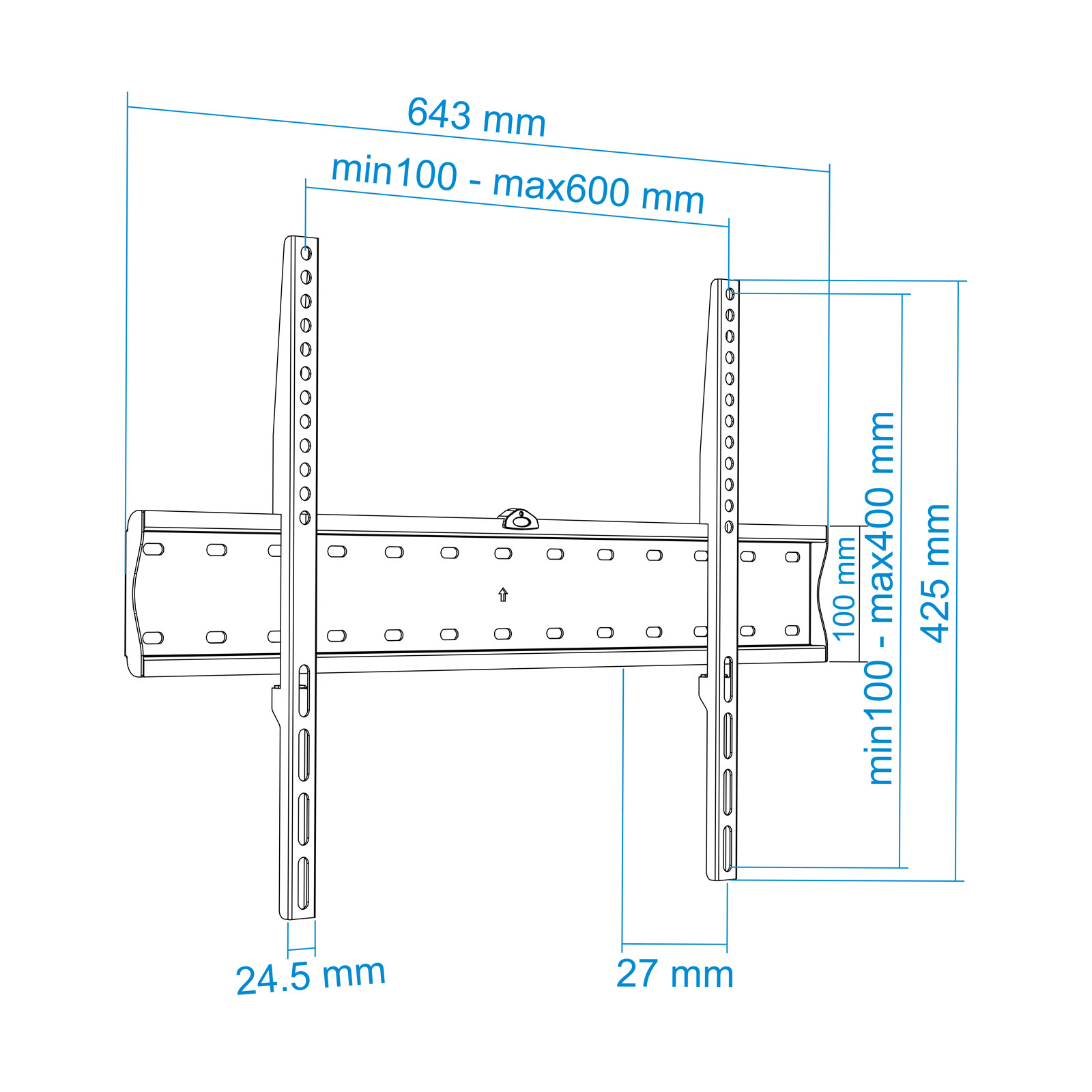 Diagrama de un soporte de TV. Muestra dimensiones: 643 mm, min100-max600 mm, 24,5 mm, 27 mm, min100-max400 mm, 425 mm y 100 mm.