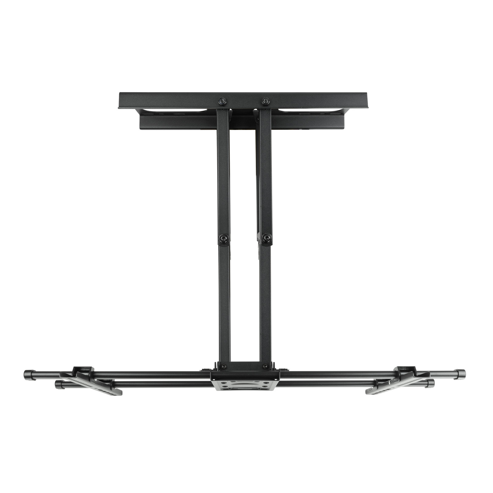Soporte de techo negro. Dos barras verticales conectan las barras horizontales superior e inferior. Fondo blanco.