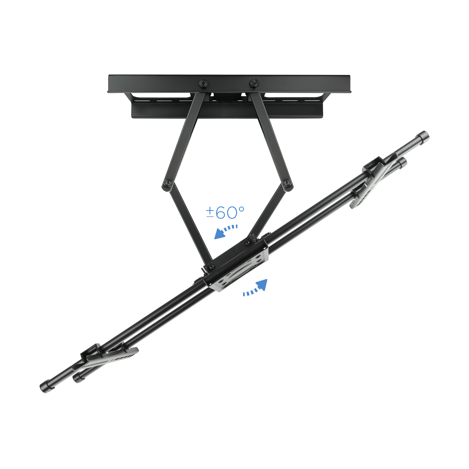 Soporte de techo negro con brazos articulados, indicadores de ángulo y flechas sobre fondo blanco.