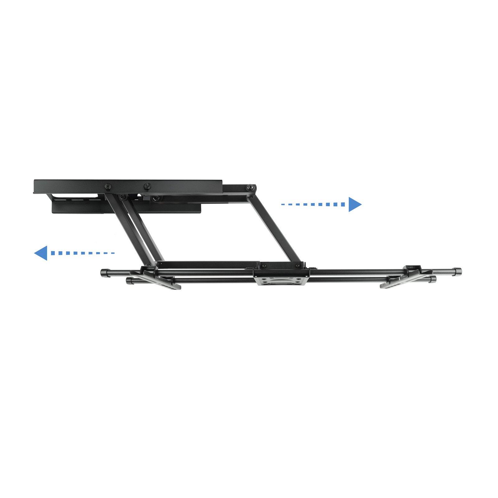 Soporte de proyector metálico negro sobre fondo blanco. Flechas indican la dirección de extensión/retracción.