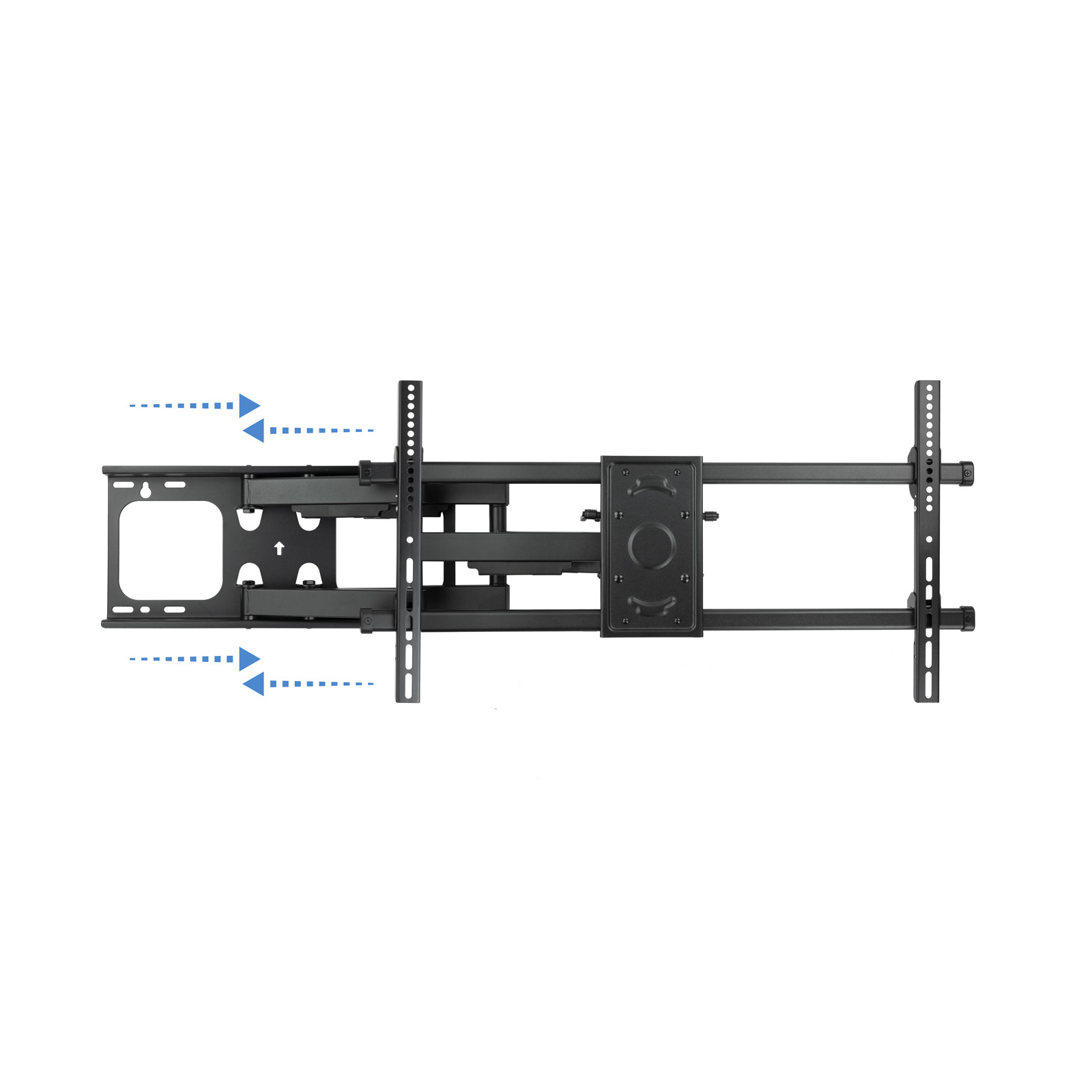 Soporte de pared para TV negro con flechas que indican movimiento. Brazos y puntos de montaje ajustables sobre fondo blanco.