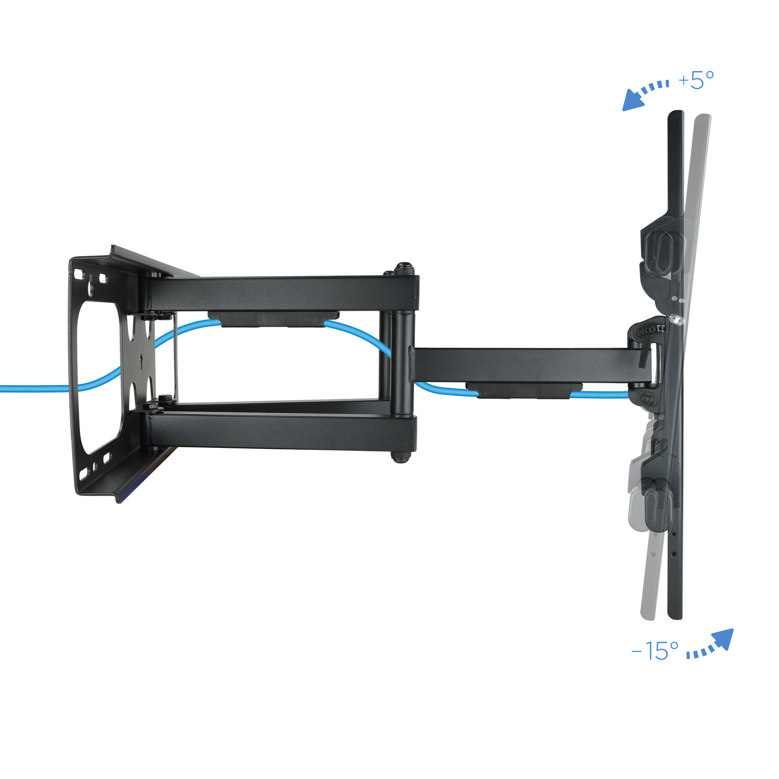 Un soporte de pared negro con cable azul, ajustable a +5° y -15° sobre fondo blanco.