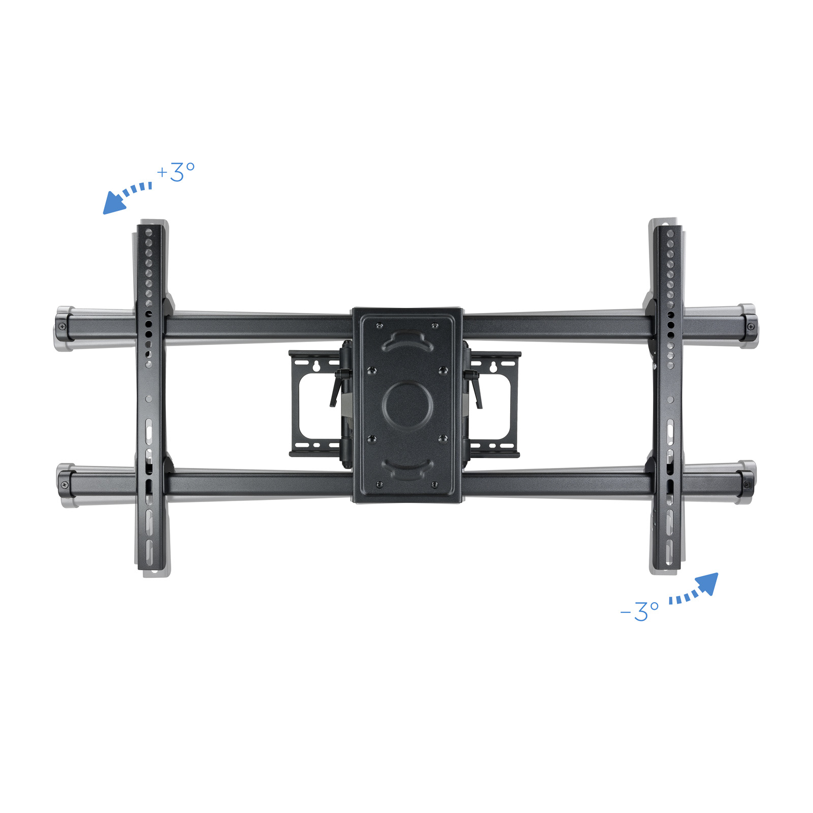 Un soporte de pared para TV negro sobre fondo blanco. Flechas indican ajustes de inclinación. +3° arriba, -3° abajo.