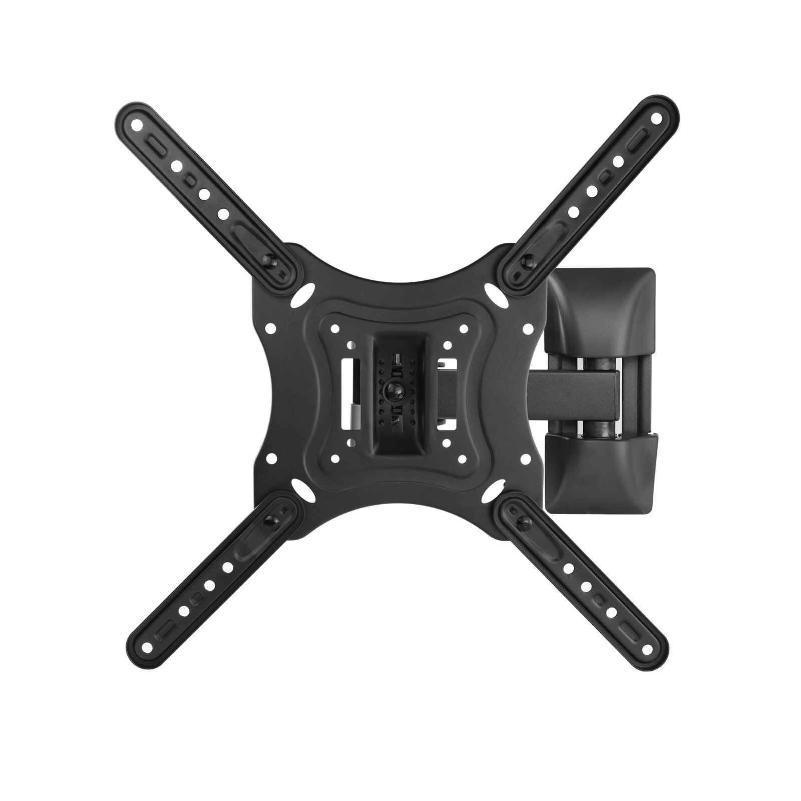 Soporte de pared para TV negro. Tiene cuatro brazos con múltiples agujeros, una placa de montaje central y una rótula.