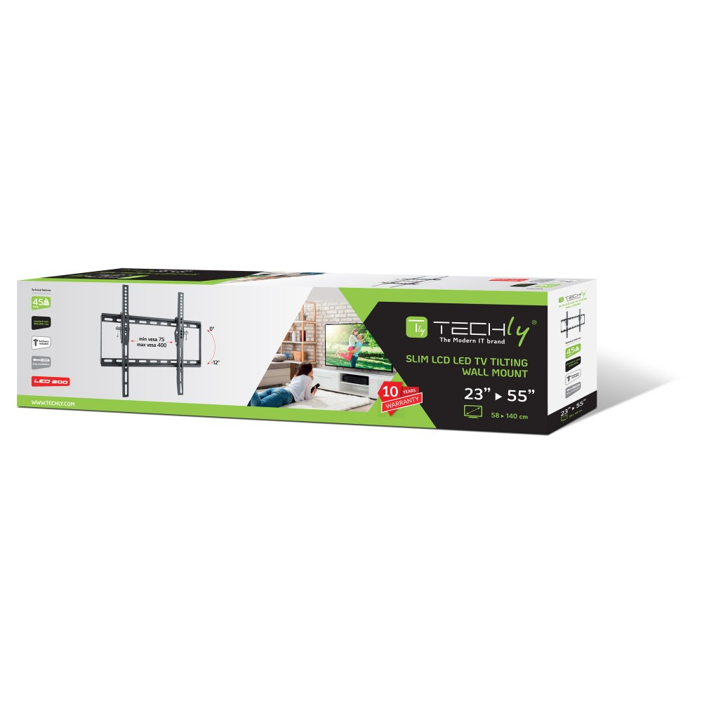 Doos met 'TECHly'-logo, SLIM LCD LED TV TILTING WALL MOUNT. Toont een persoon die tv kijkt. Inclusief maat- en garantie-informatie.