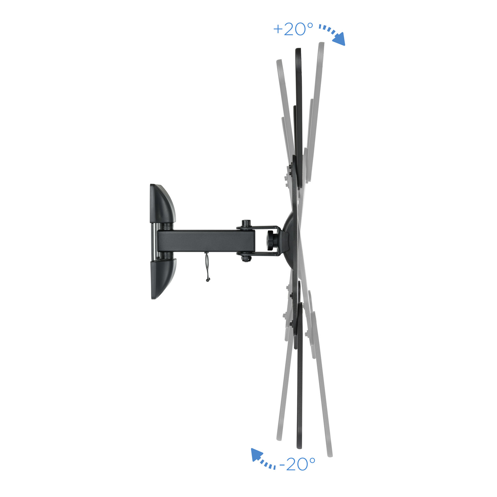 Un soporte de pared de TV negro sobre un fondo blanco. Muestra ángulos ajustables con flechas y grados.
