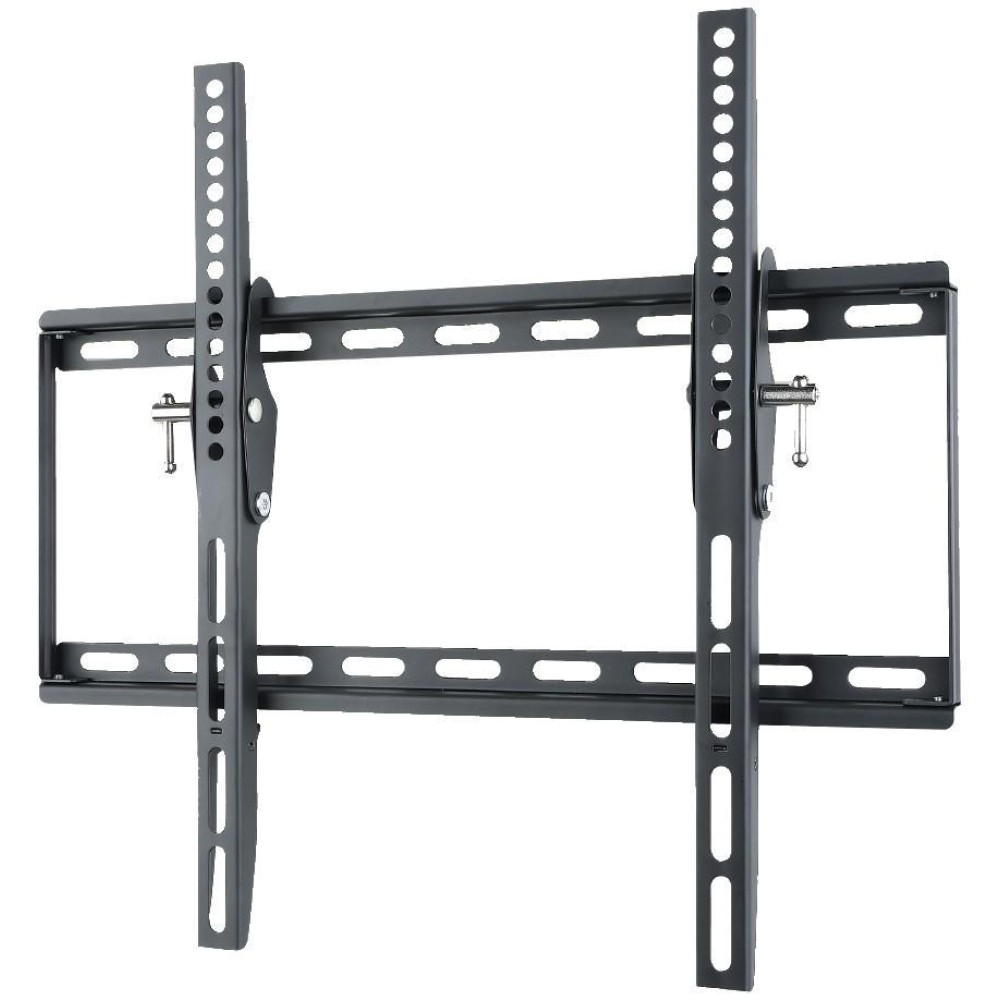 Een zwarte tv-muurbeugel. Het heeft twee verticale steunrails met meerdere gaten en een horizontaal frame met schroefgaten.