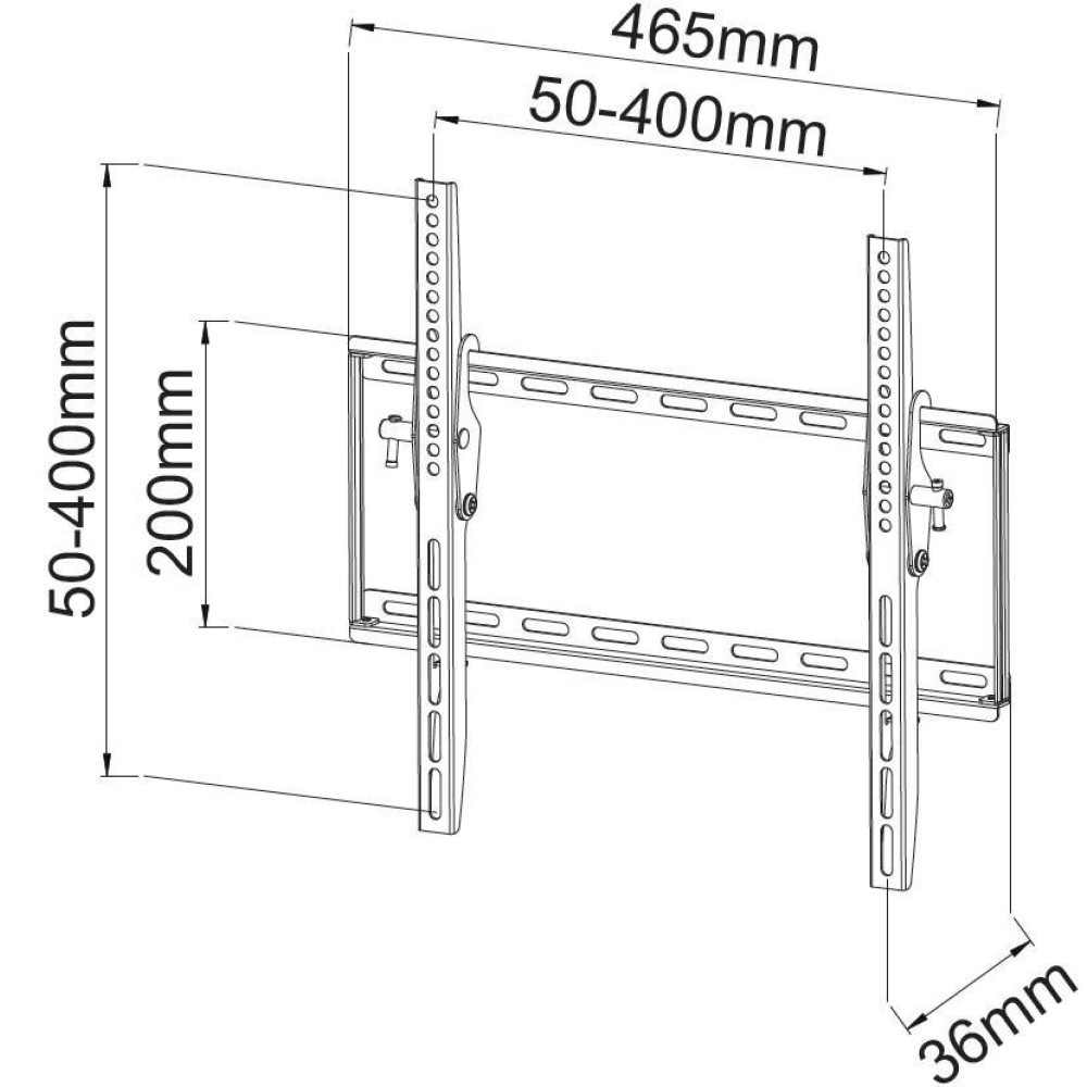 Zwart-wit afbeelding van een tv-beugel, met afmetingen in millimeters. De beugel heeft twee verticale rails en een horizontale balk.
