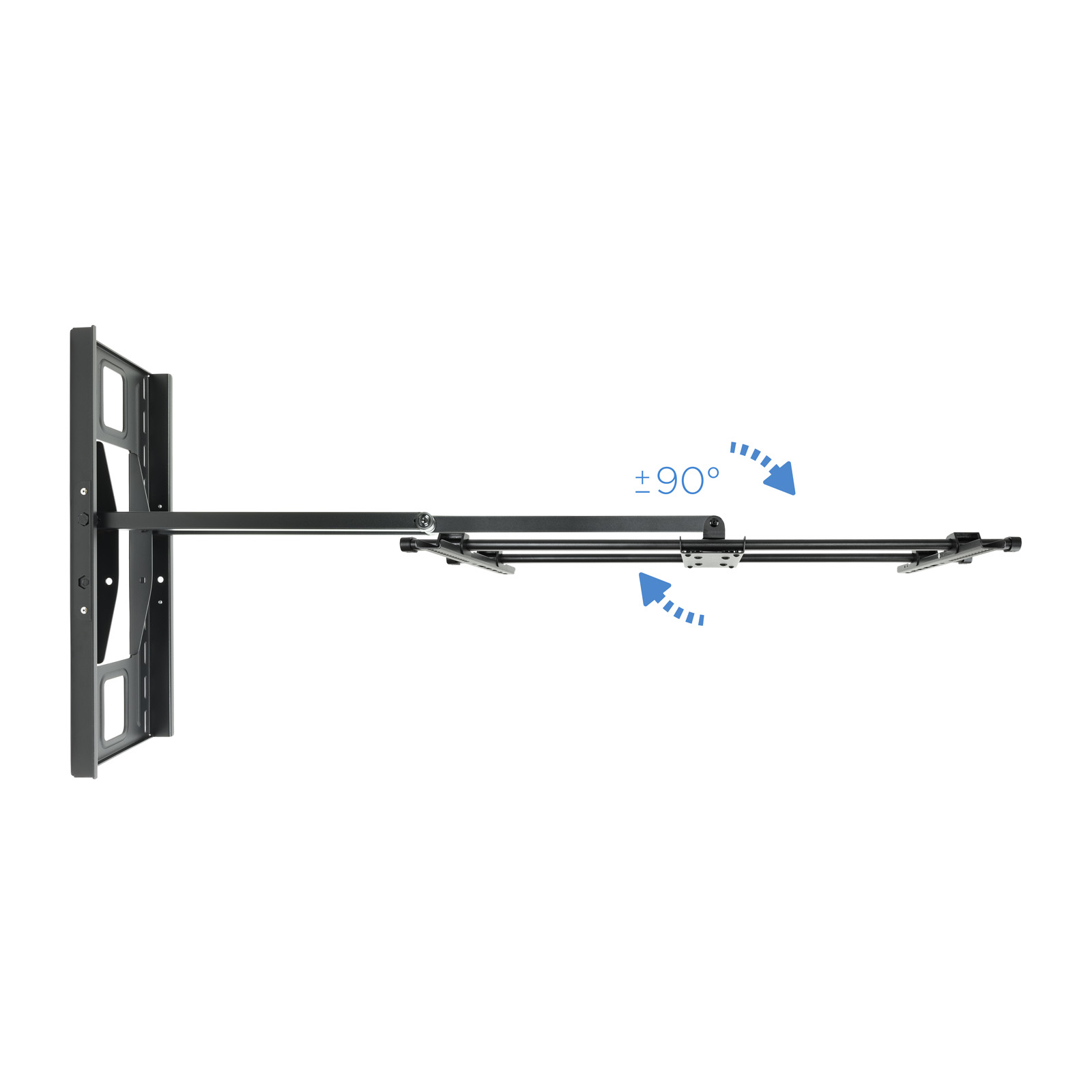 Soporte de pared para TV negro sobre fondo blanco. Muestra brazos ajustables con indicadores de grados, sugiriendo flexibilidad.