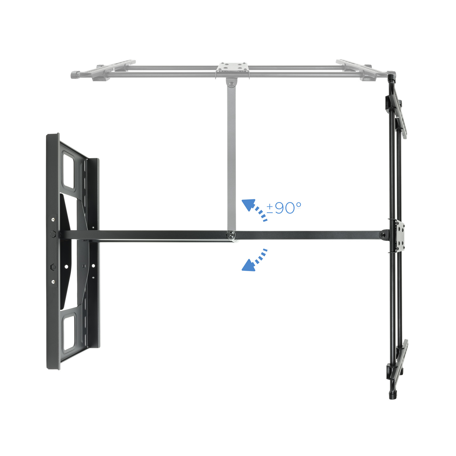 Un soporte de TV negro con brazos y soportes ajustables. Las flechas indican una rotación de 90 grados.