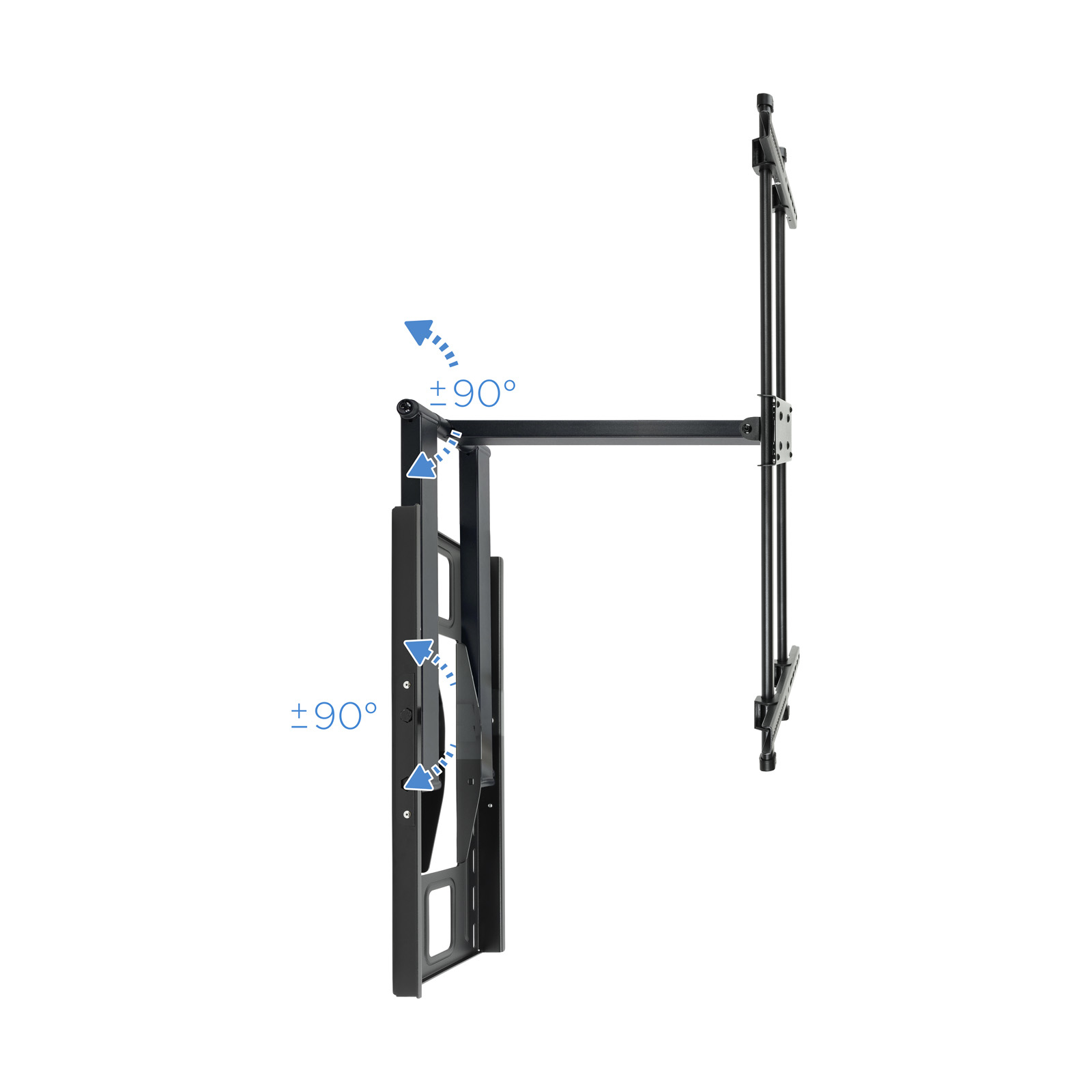 Un soporte de pared para TV negro y articulado con flechas que indican rotación de 90 grados. Fondo blanco.