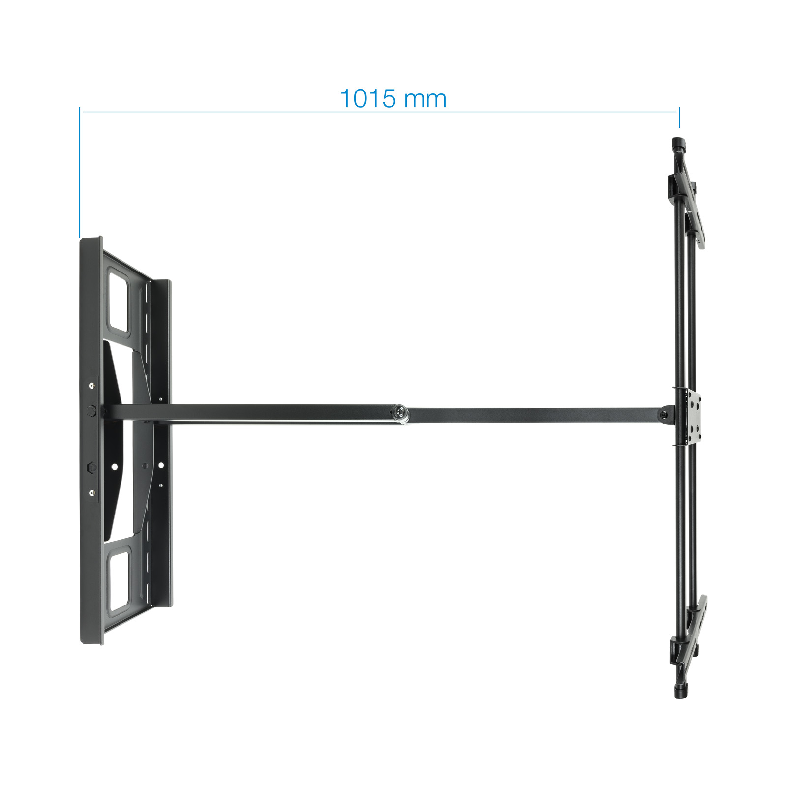 Se muestra un soporte de pared para TV negro, con una longitud de 1015 mm. Está contra un fondo blanco.
