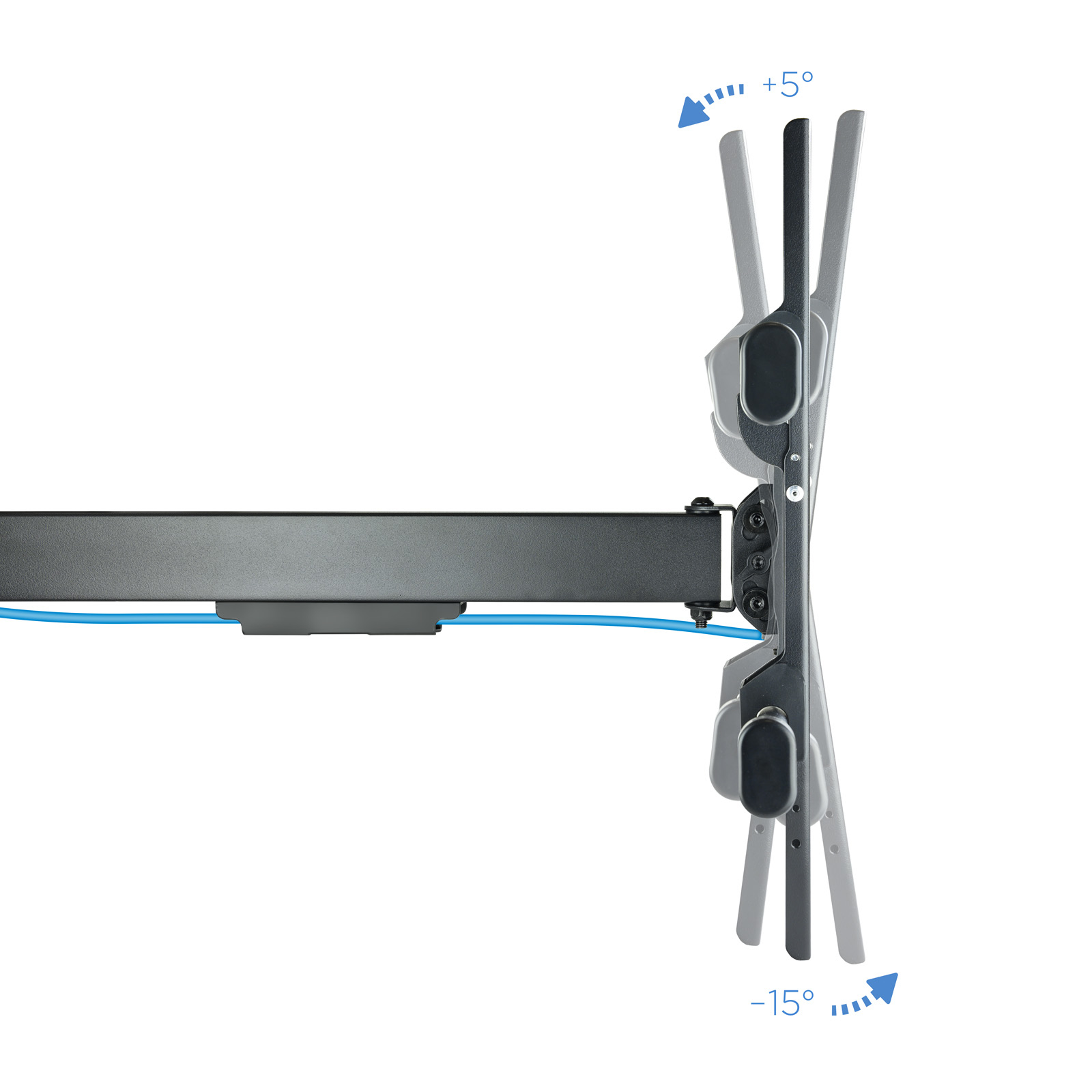 Soporte de TV negro con brazo ajustable, cable azul e indicadores de rotación de +5° y -15° sobre fondo blanco.