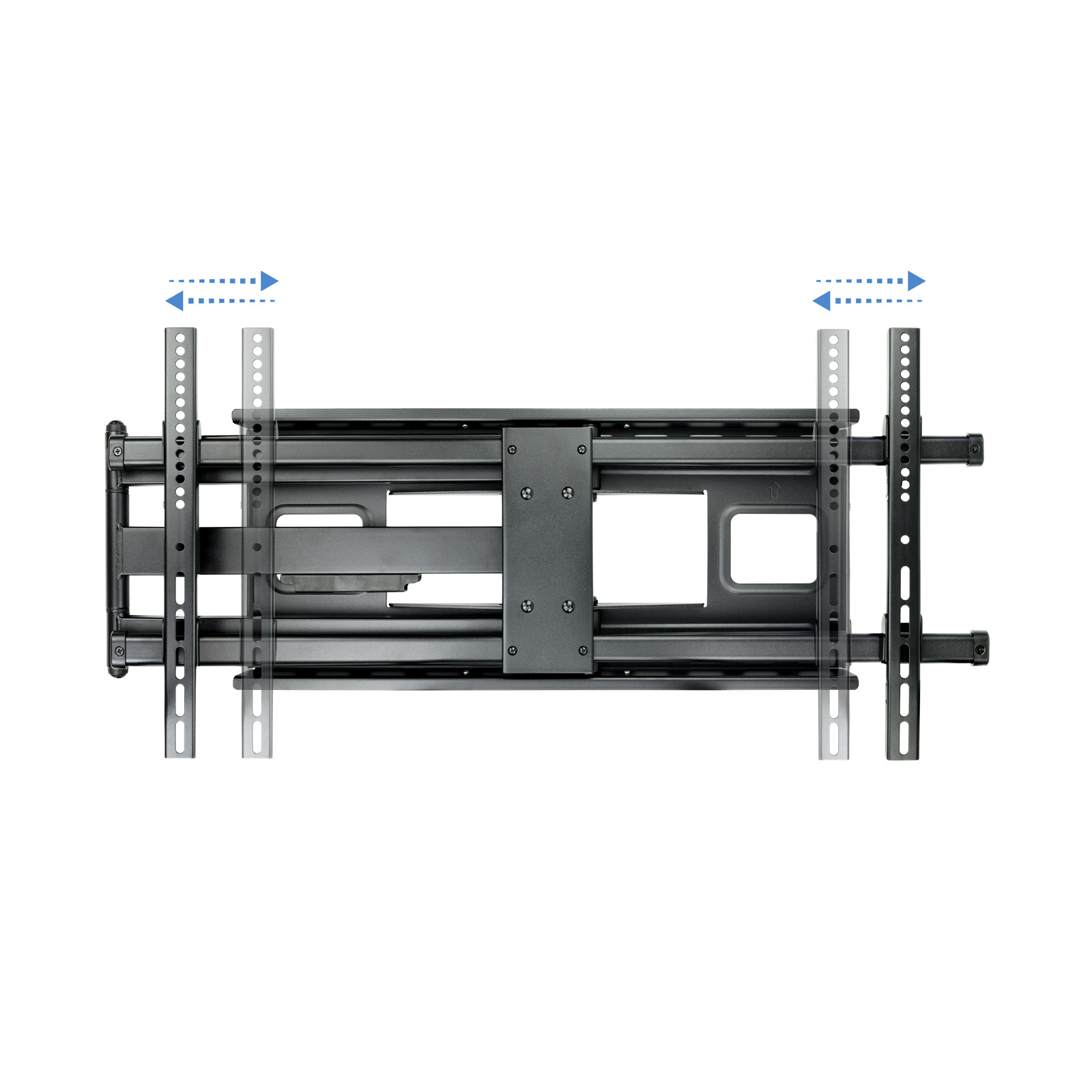 Un soporte de TV negro. Las flechas indican la altura ajustable. Fondo blanco.