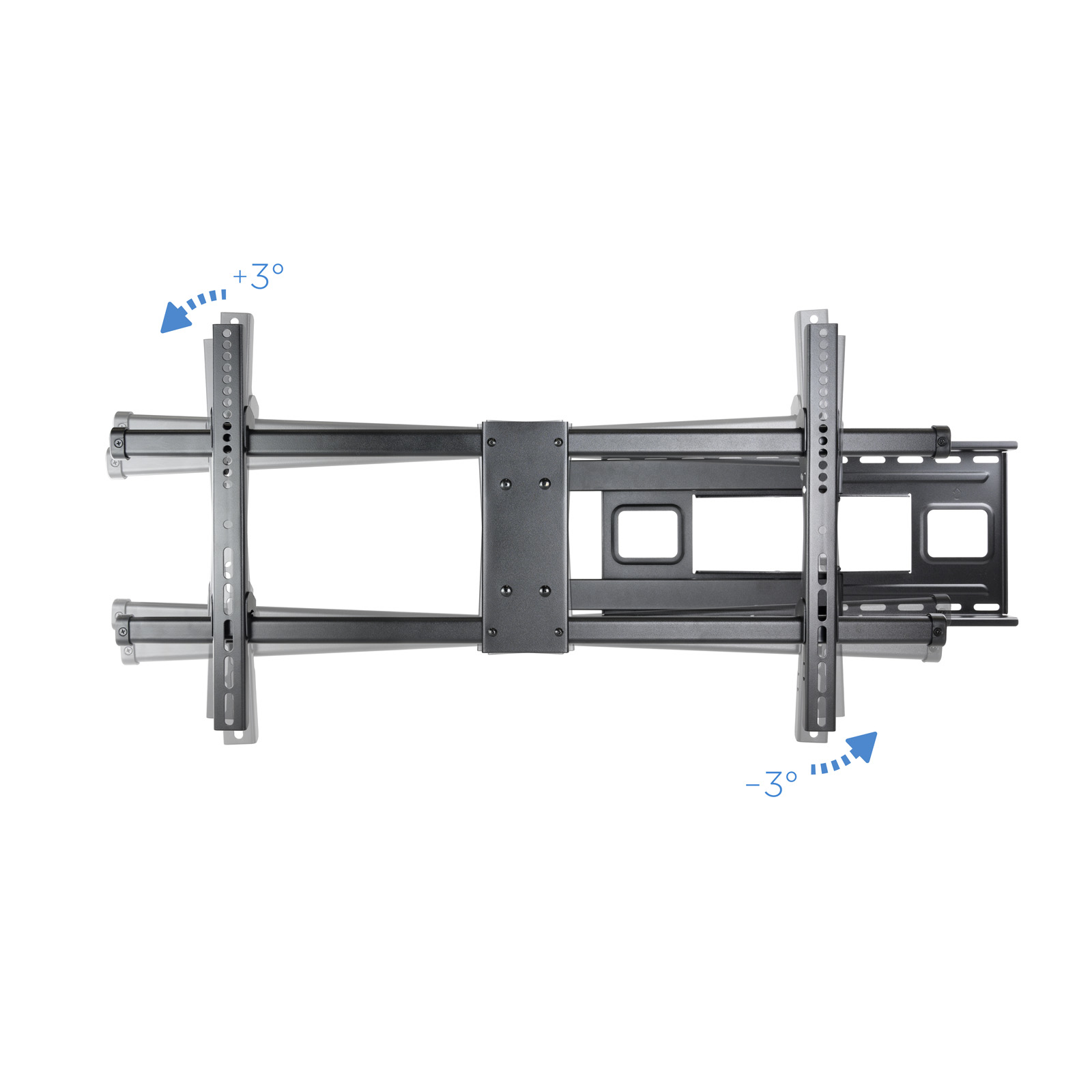 Un soporte de pared para TV negro y gris. Flechas indican ángulos de ajuste de +3 y -3 grados.
