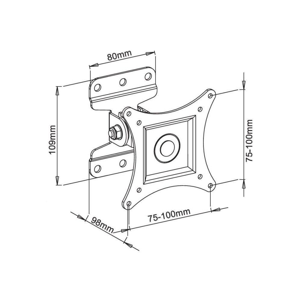 Diagramm einer schwarzen Monitorhalterung mit Abmessungen. Zeigt eine quadratische Platte, ein Drehgelenk und eine Halterung mit Löchern.