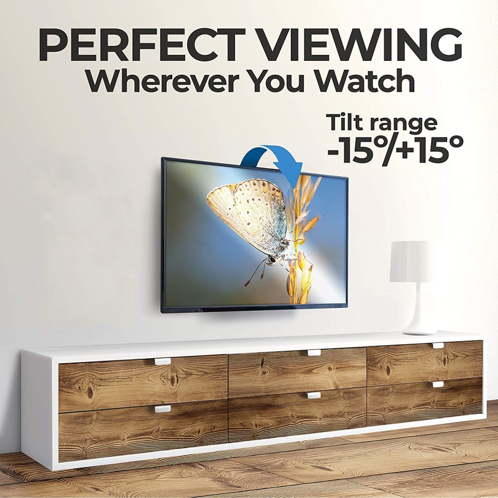 Ein Fernseher mit einem Schmetterlingsbild, montiert über einem Holzschrank. Text: Perfektes Sehen, Neigungsbereich -15/+15.