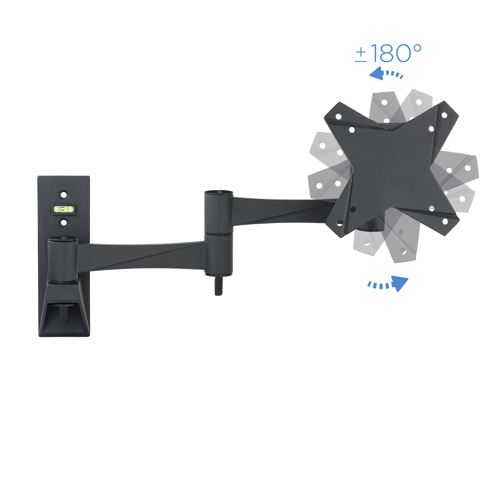 Schwarze TV-Wandhalterung mit verstellbarem Arm, Wasserwaage und drehbarem Halter. Inklusive Pfeile, die eine 180-Grad-Drehung anzeigen.