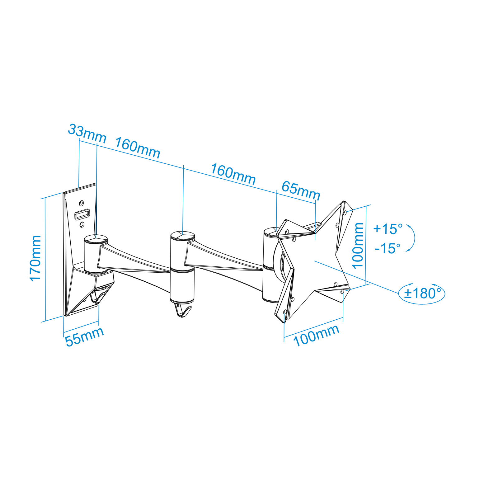 Diagramm einer schwarzen TV-Halterung mit Maßangaben. Die Halterung hat zwei Arme und eine sternförmige Montageplatte.