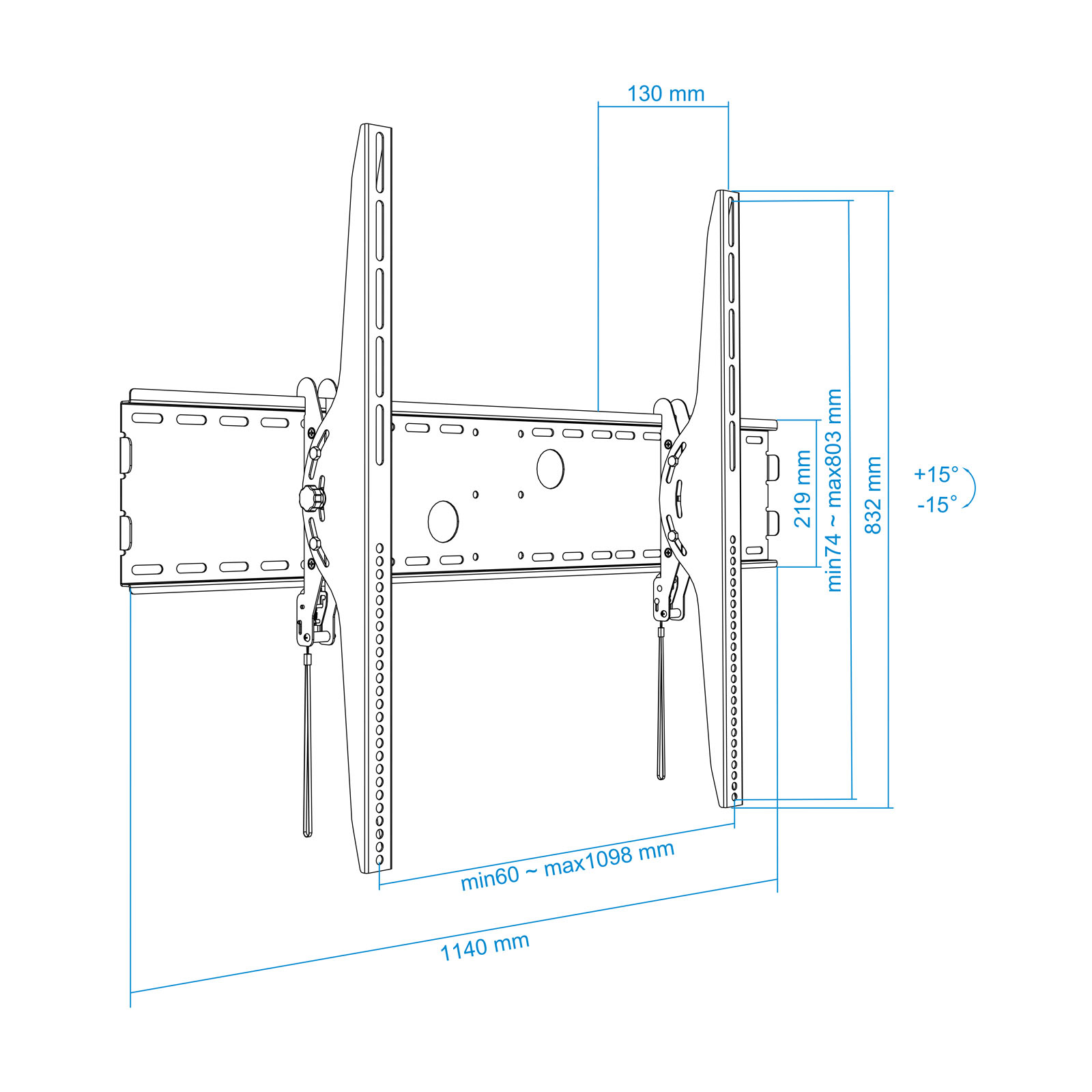 Diagrama de un soporte de pared para TV con dimensiones. Muestra medidas horizontales y verticales en mm, incluyendo ángulos de inclinación.