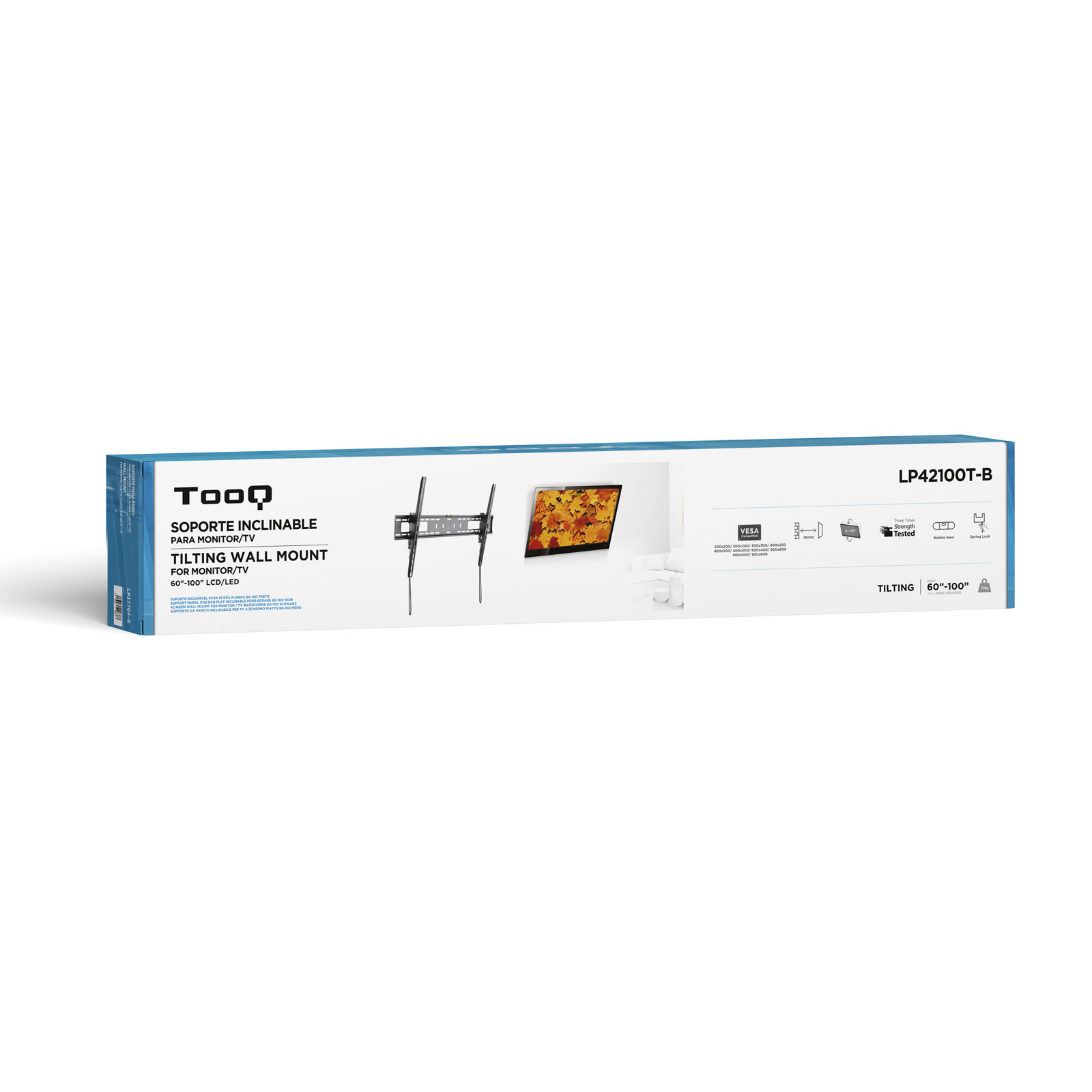 Eine Schachtel für eine neigbare Wandhalterung für Fernseher. Sie zeigt einen an der Wand montierten Fernseher. Text: 60"-100" LCD/LED.