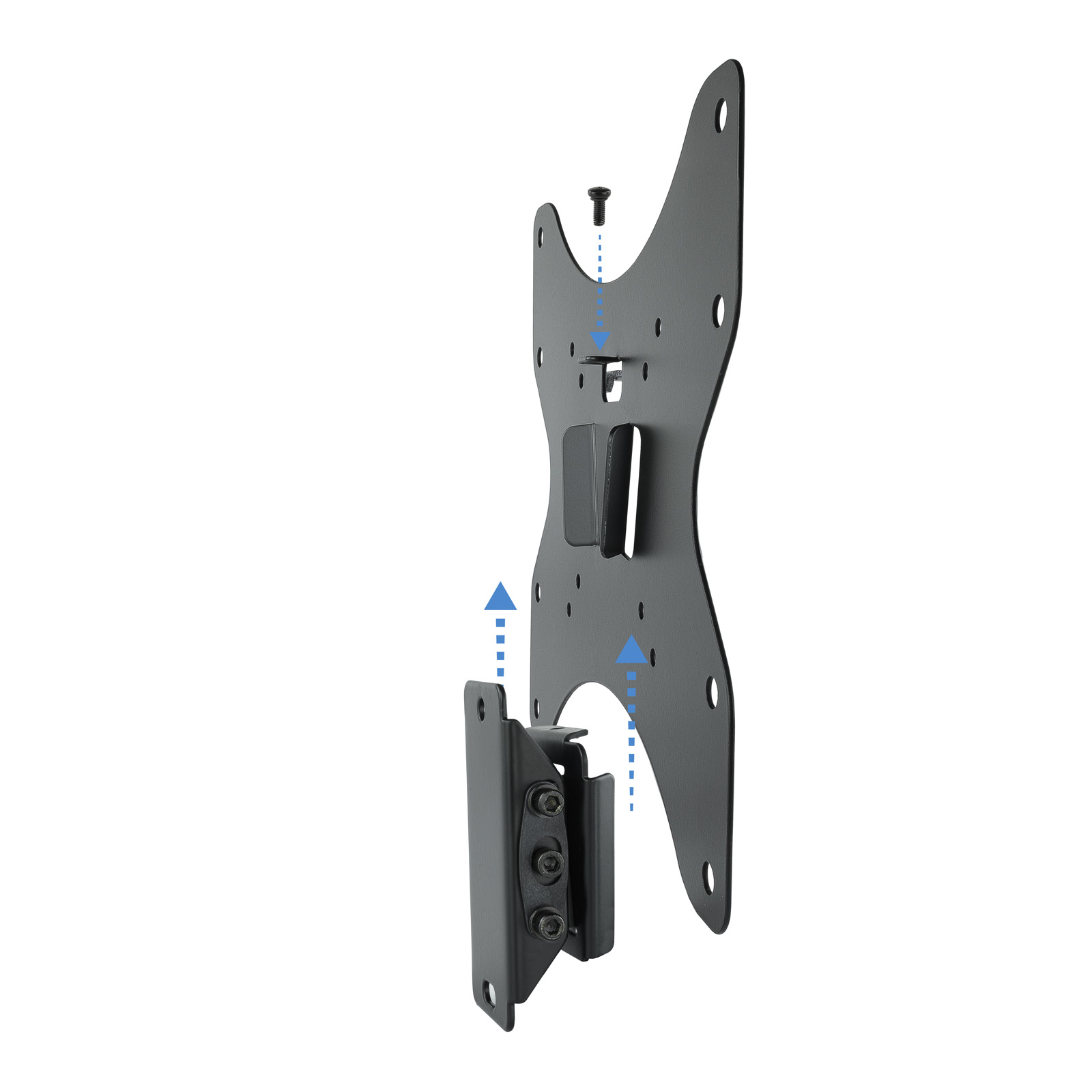 Soporte de pared negro para TV con soporte y tornillos sobre fondo blanco, con flechas azules que indican el montaje.