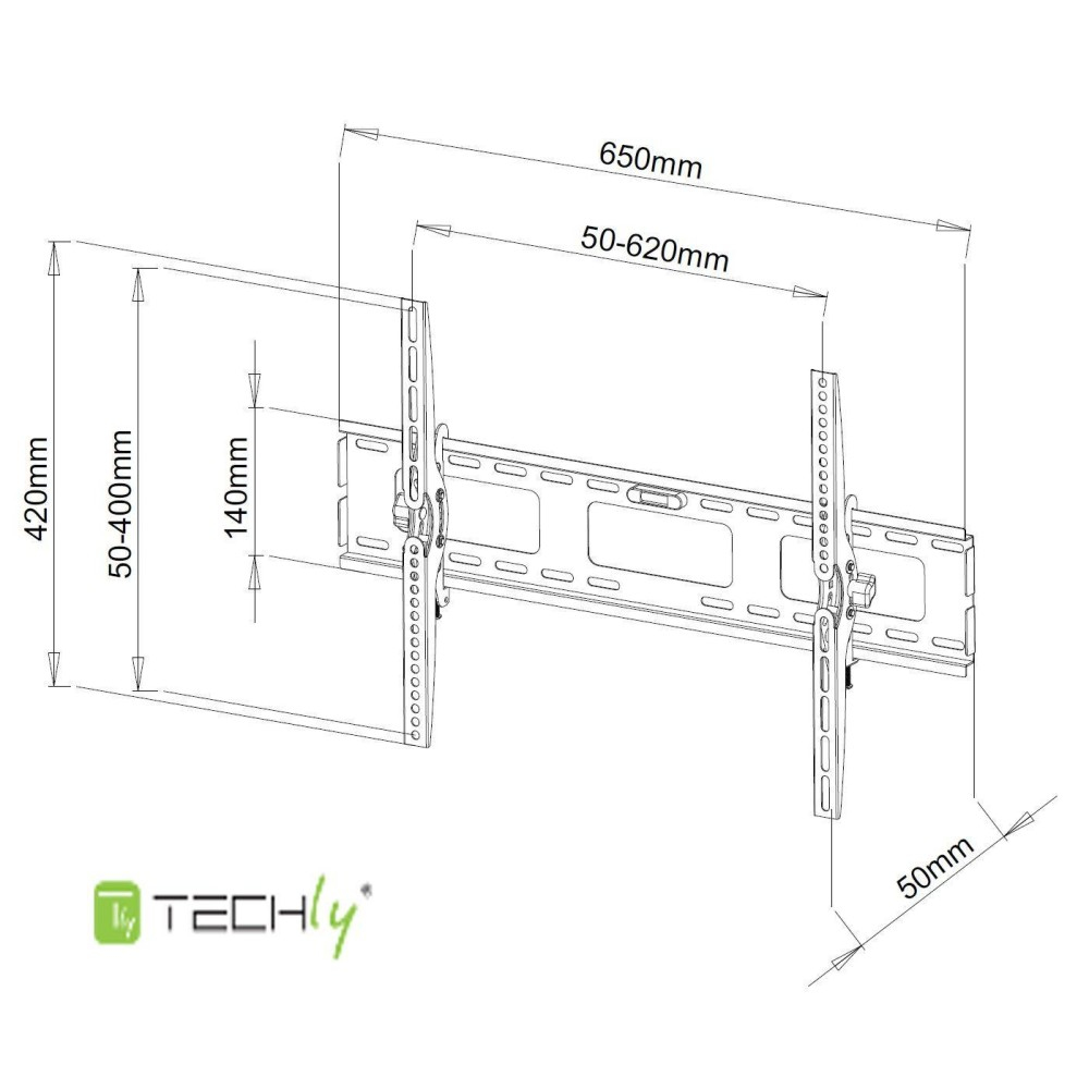 Uchwyt ścienny do TV z wymiarami: 650mm, 50-620mm, 420mm, 50-400mm, 140mm i 50mm. Logo Techly na dole.