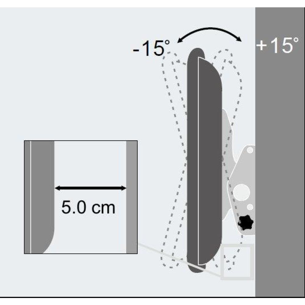 Schemat mechanizmu z ruchomą częścią. Wskazuje zakres obrotu od -15 do +15 stopni i wymiar 5,0 cm.