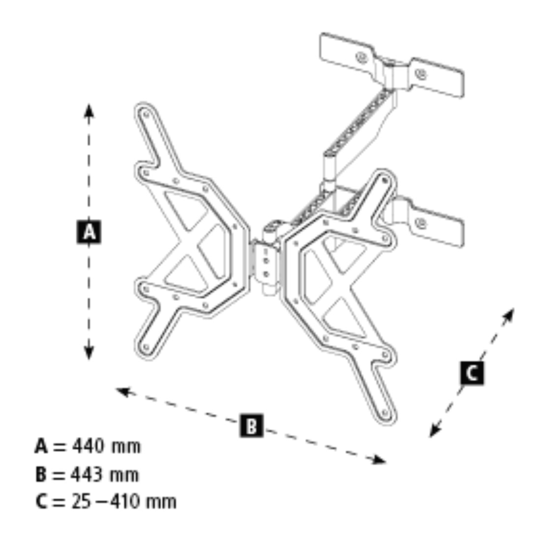 Schemat uchwytu ściennego do telewizora z wymiarami A (440 mm), B (443 mm) i C (25-410 mm). Uchwyt jest czarny i metalowy.