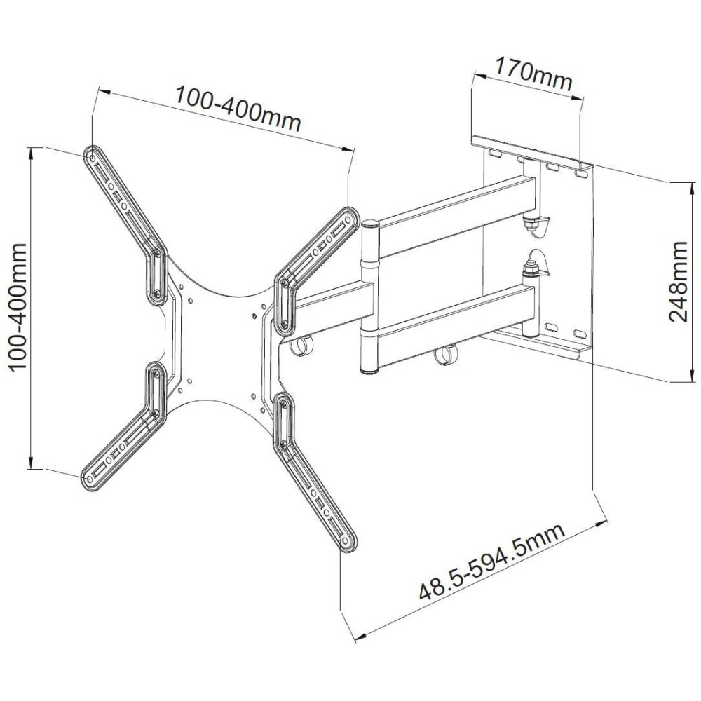 Diagramm einer TV-Wandhalterung. Abmessungen sind beschriftet: 100-400 mm, 170 mm, 248 mm, 48,5-594,5 mm. Schwarz-weiße technische Zeichnung.