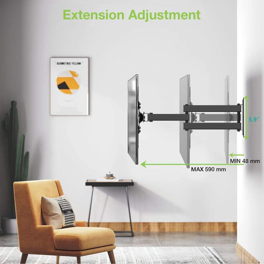 TV-Halterung, die sich von der Wand erstreckt. Text: Extension Adjustment, MIN 48 mm, MAX 590 mm und 5,9 Zoll. Ein Stuhl und Kunst sind im Bild.