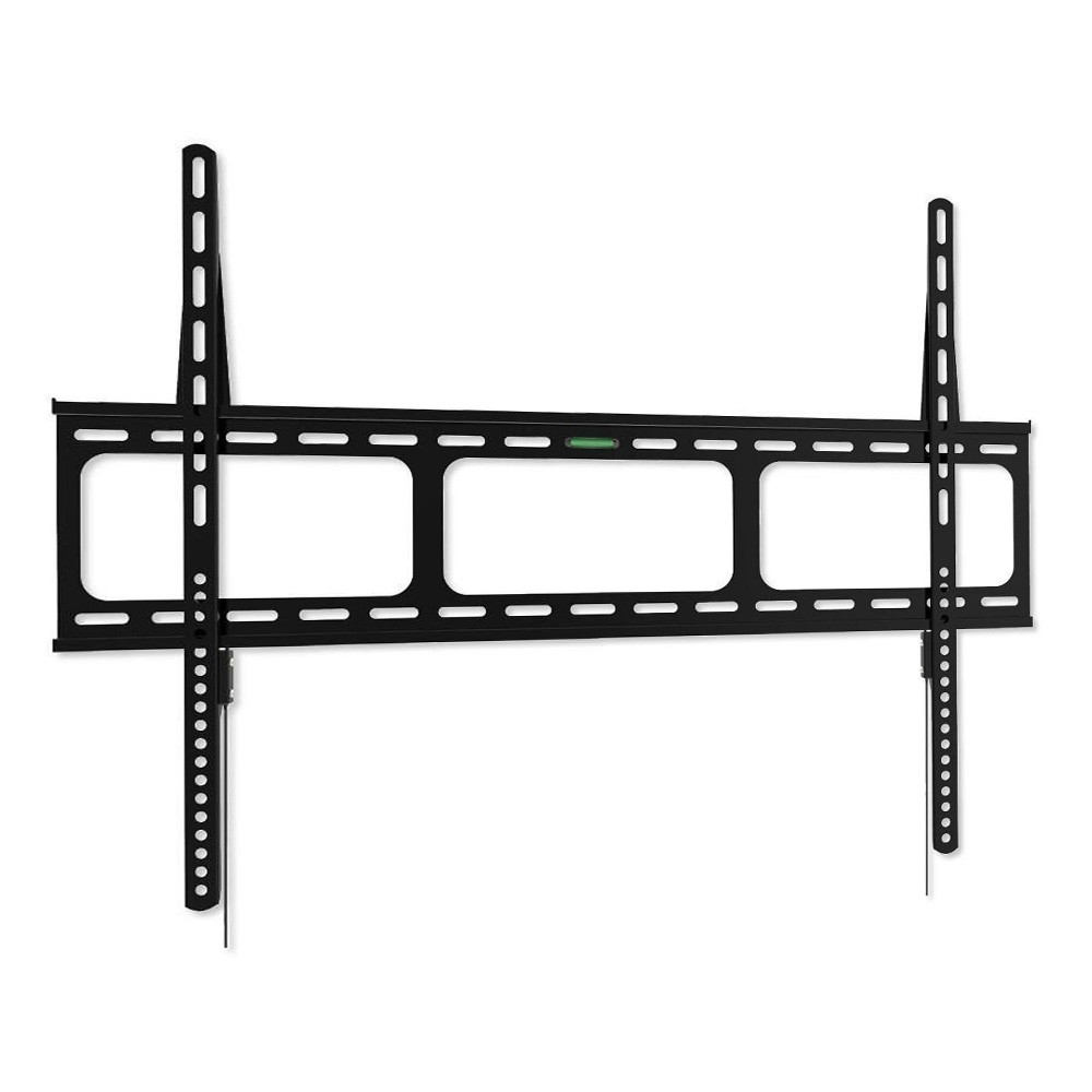 Schwarze TV-Wandhalterung vor weißem Hintergrund. Sie hat zwei vertikale Stangen und eine horizontale Stange mit einer Wasserwaage.