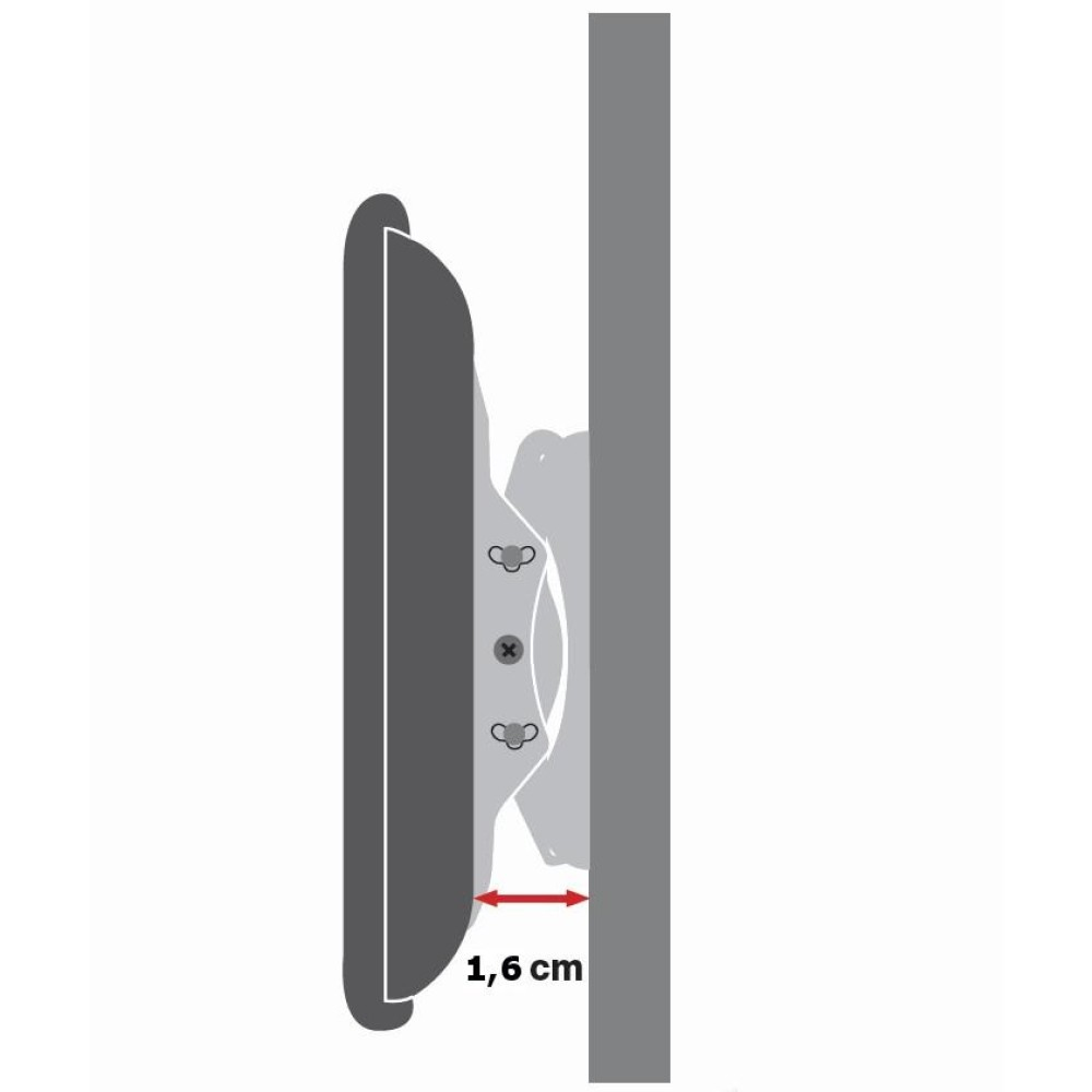 Diagramm eines an der Wand montierten Fernsehers, das die Halterung und den Abstand von 1,6 cm zeigt. Graue und weiße Elemente sind vorhanden.