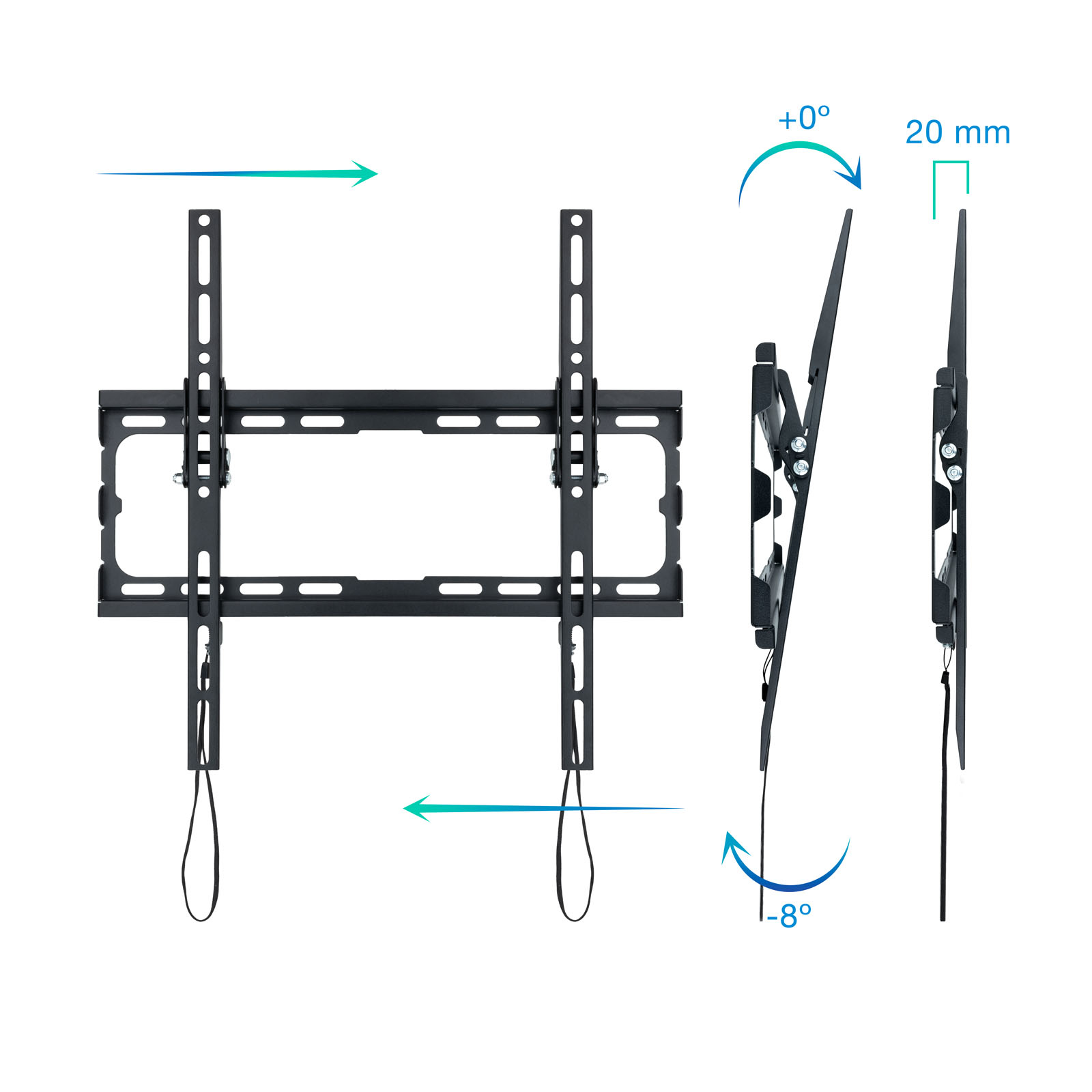 Un soporte de pared para TV negro con ángulos ajustables. Tiene barras horizontales y verticales. Flechas indican movimiento y ángulos.