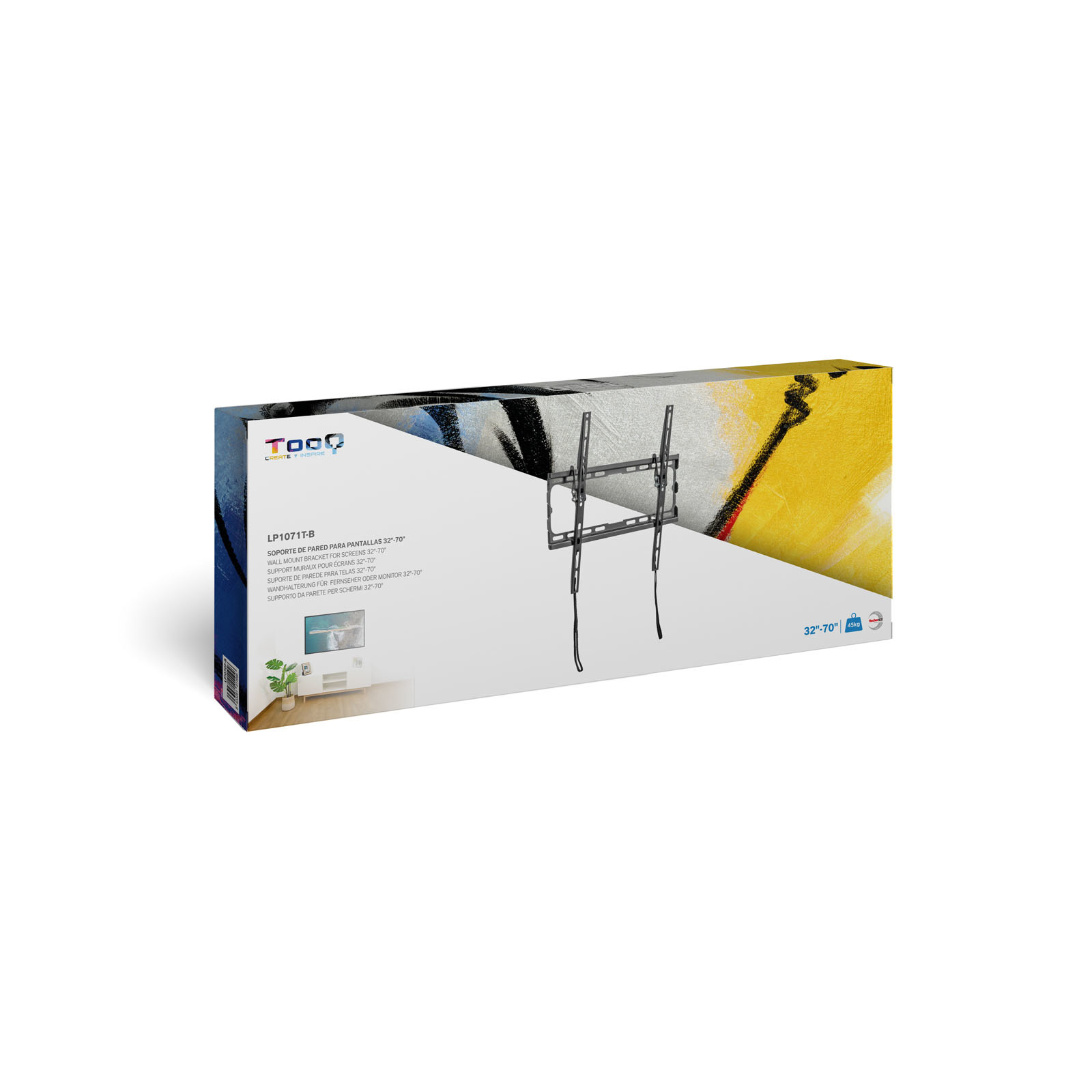 Caja con un soporte de pared para TV. Muestra un soporte de TV, texto en varios idiomas y un fondo de arte abstracto.