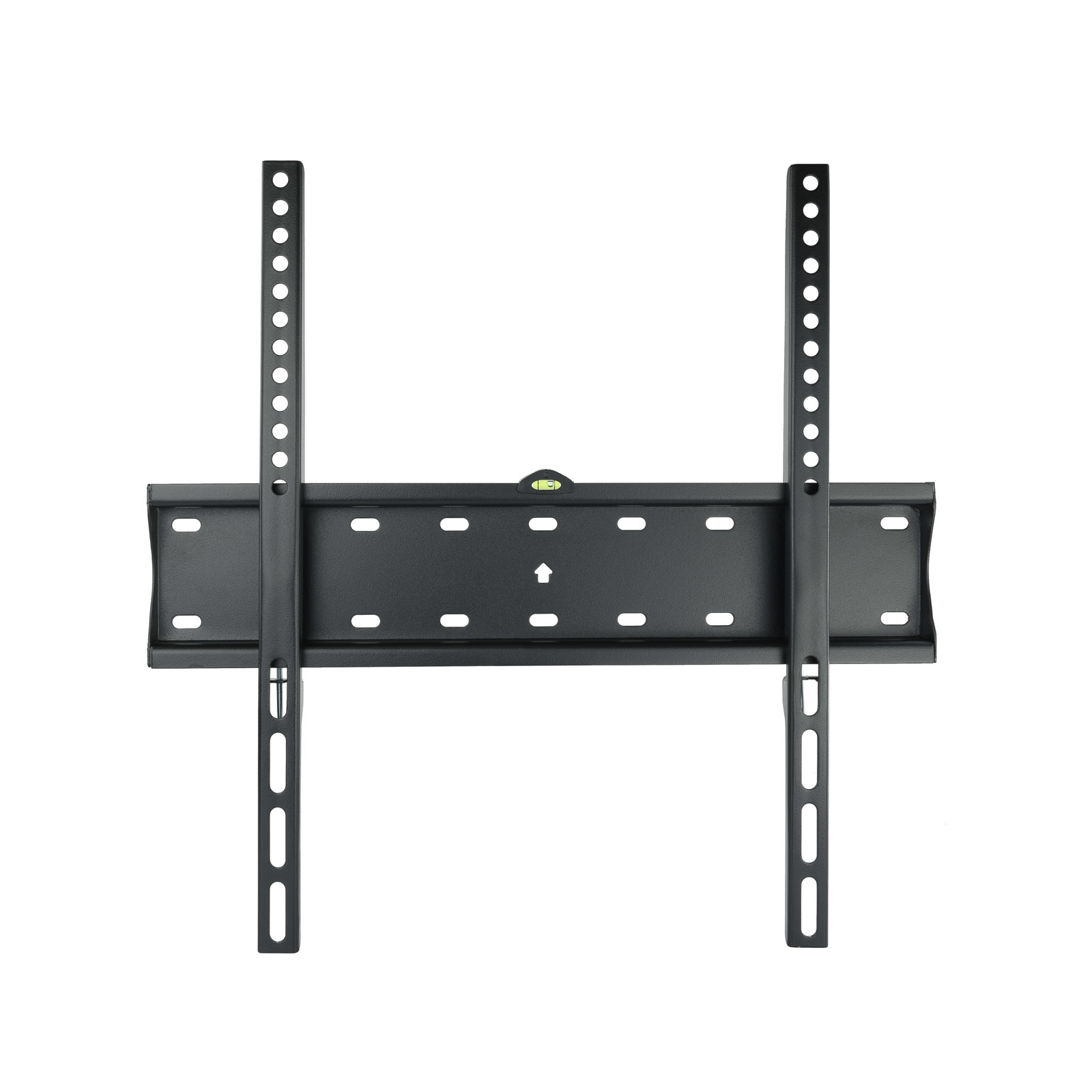 Schwarze TV-Wandhalterung, zentriert auf weißem Hintergrund. Sie hat vertikale und horizontale Metallteile und eine Wasserwaage.
