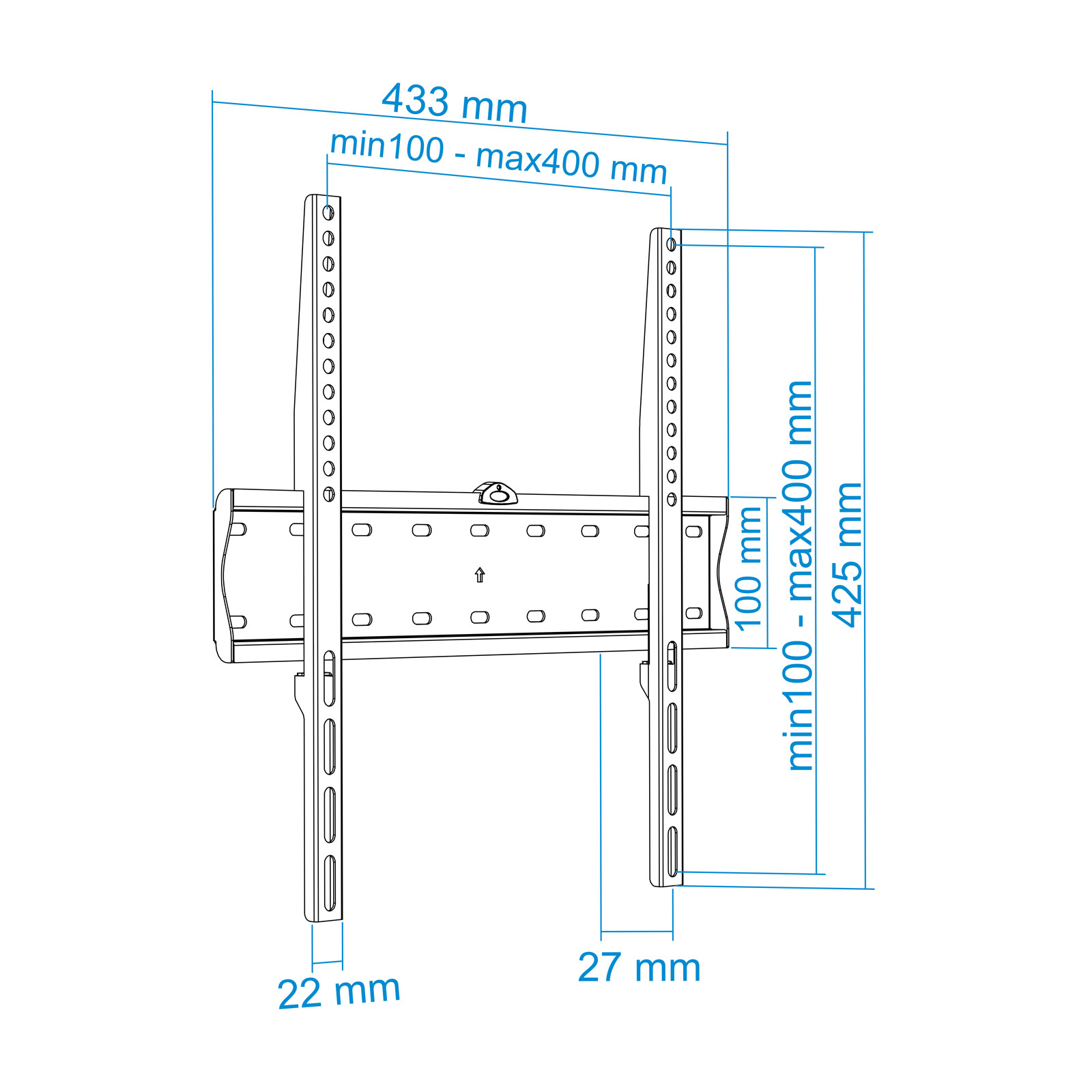 Diagramm einer TV-Halterung mit Abmessungen in mm. Maße umfassen Breite, Höhe und Minimal-/Maximalbereiche.
