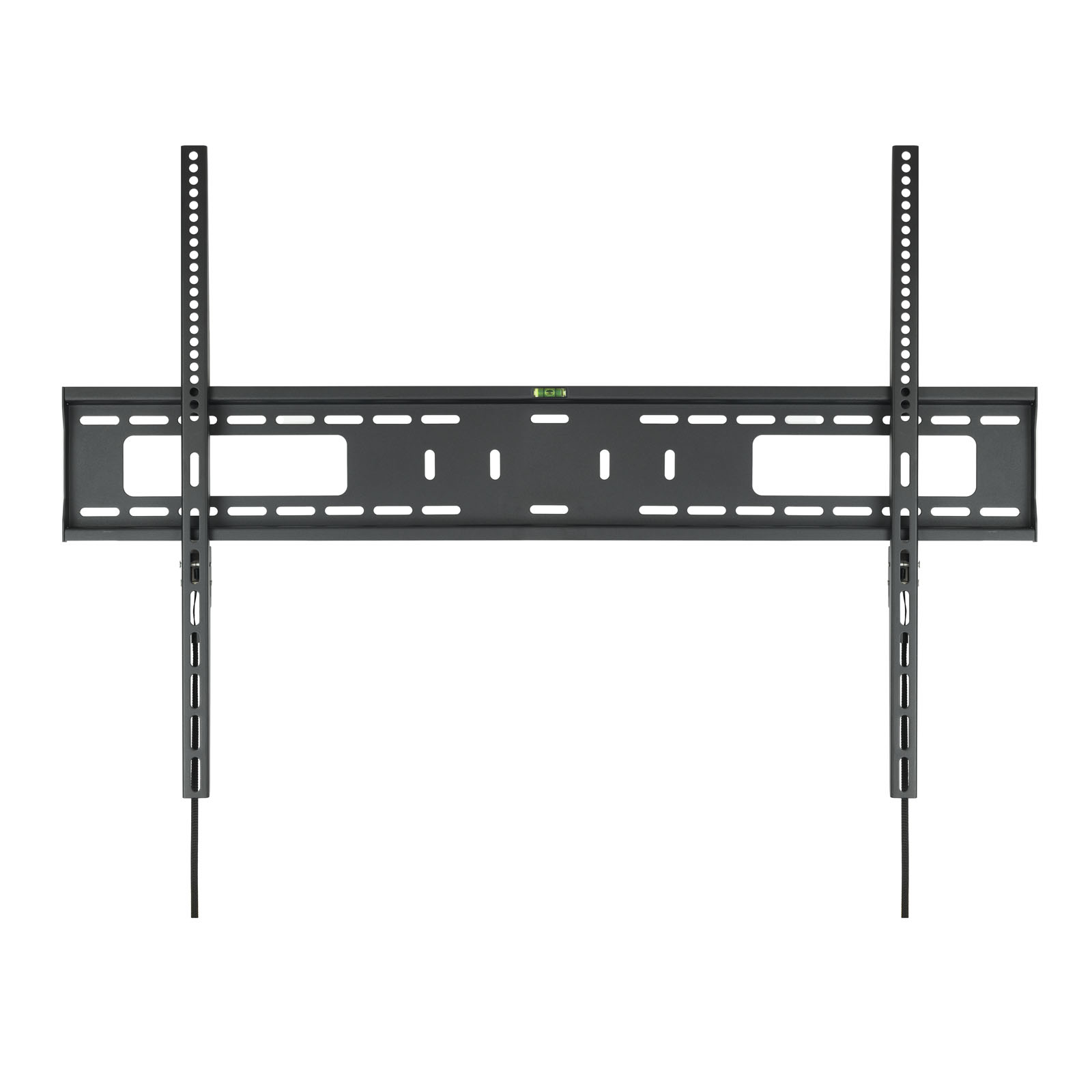 Eine schwarze TV-Wandhalterung vor weißem Hintergrund. Es hat vertikale und horizontale Stangen mit mehreren Löchern.