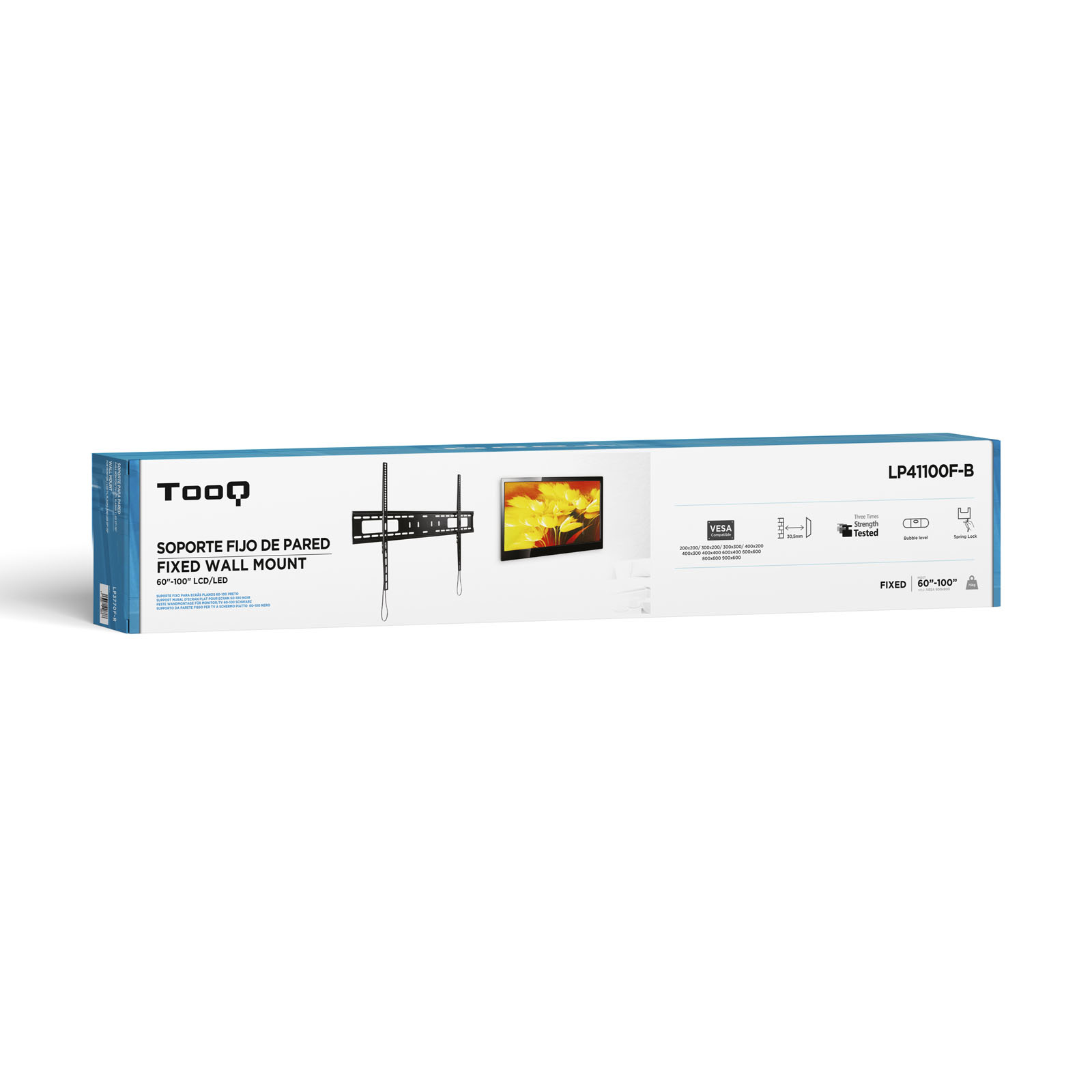 Eine Schachtel mit einem TV-Wandhalterungs-Kit. Die Schachtel trägt den Markennamen TooQ, Produktnamen und -merkmale.