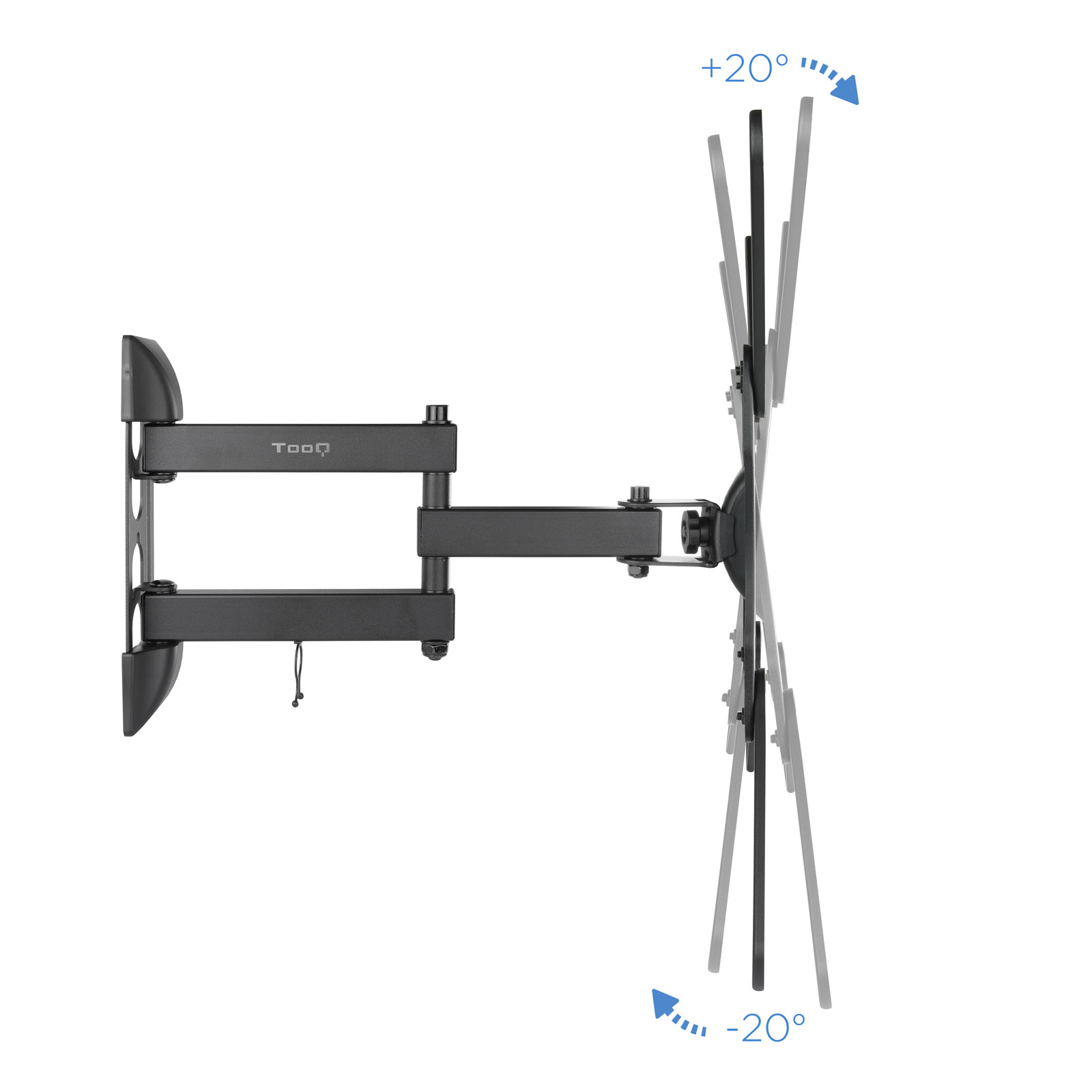 Un soporte de pared de TV negro con brazo giratorio, mostrando un rango de movimiento de -20 a +20 grados, aislado en blanco.