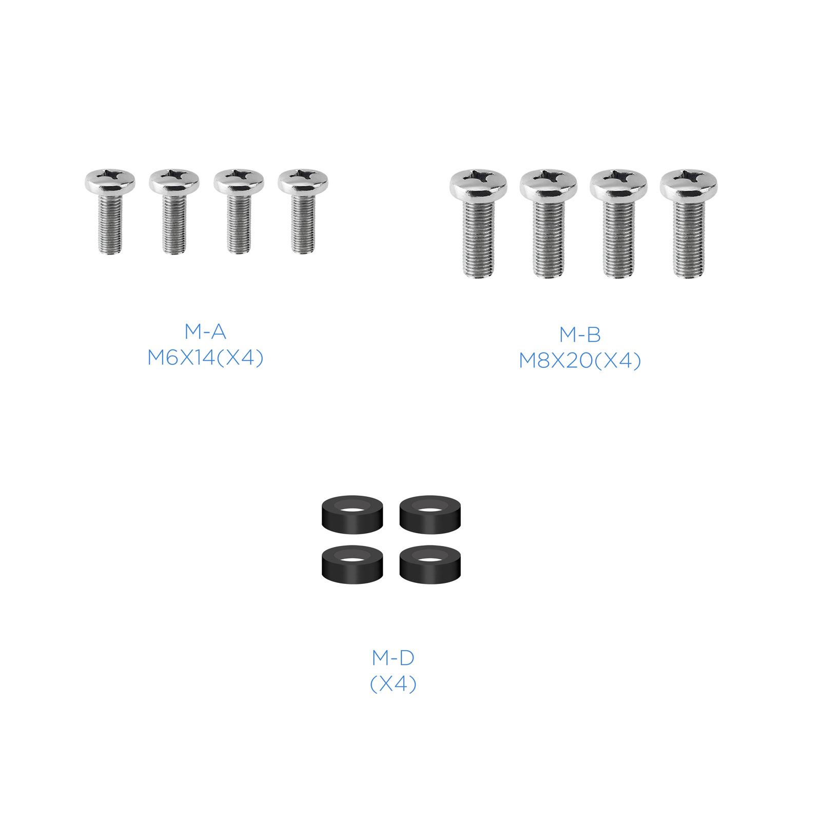 La imagen muestra tornillos y arandelas. Arriba: Cuatro tornillos M-A M6X14(X4). Medio: Cuatro tornillos M-B M8X20(X4). Abajo: Cuatro arandelas negras M-D(X4).