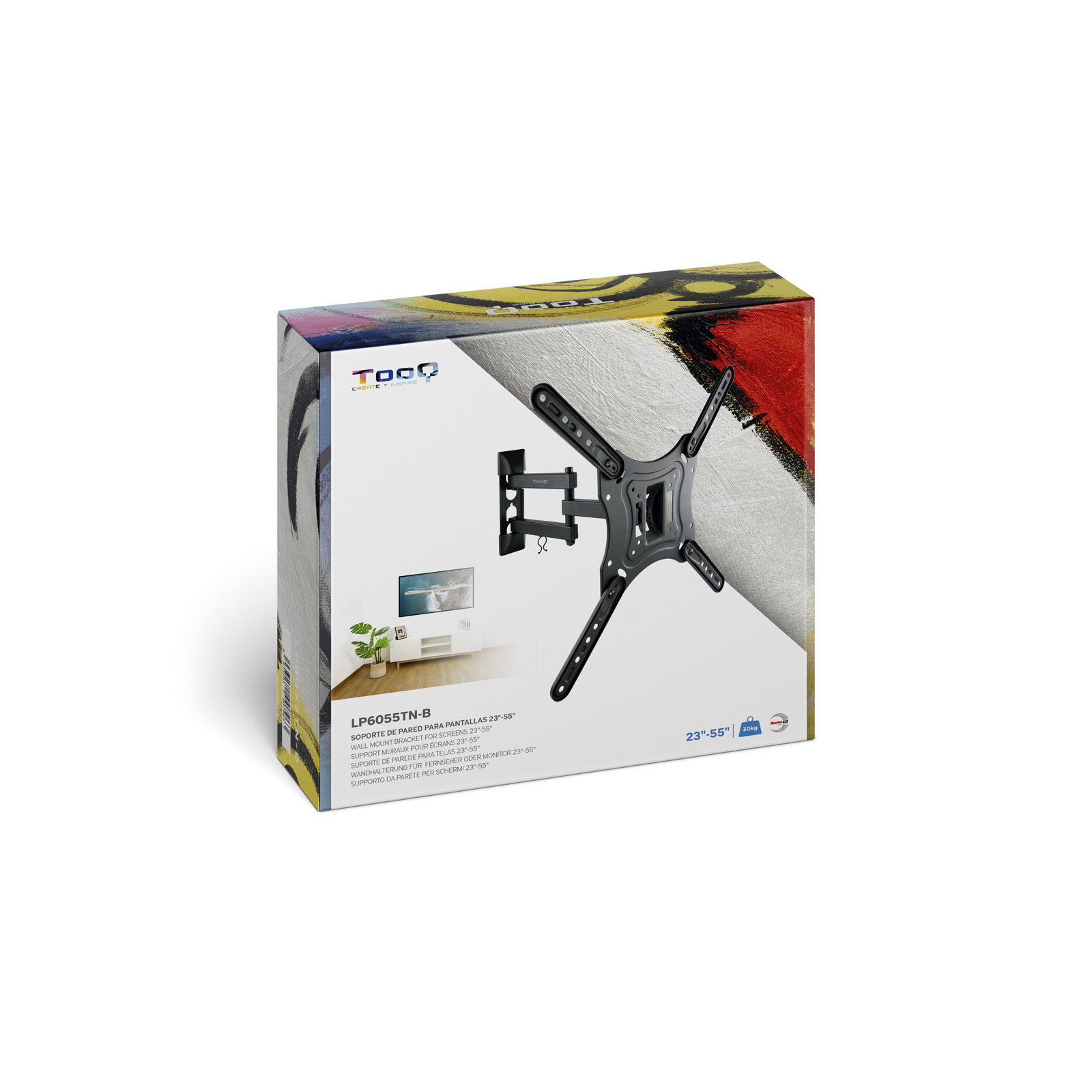 Caja con soporte de pared para TV. La caja es blanca con diseño abstracto colorido e información del producto.