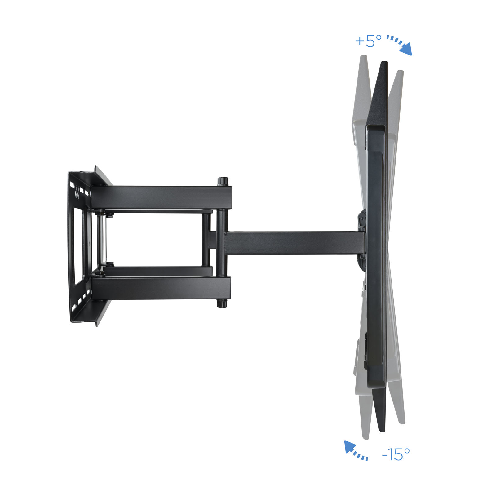 Un soporte de pared para TV negro y articulado. Puede inclinarse +5 y -15 grados. El soporte está sobre un fondo blanco.