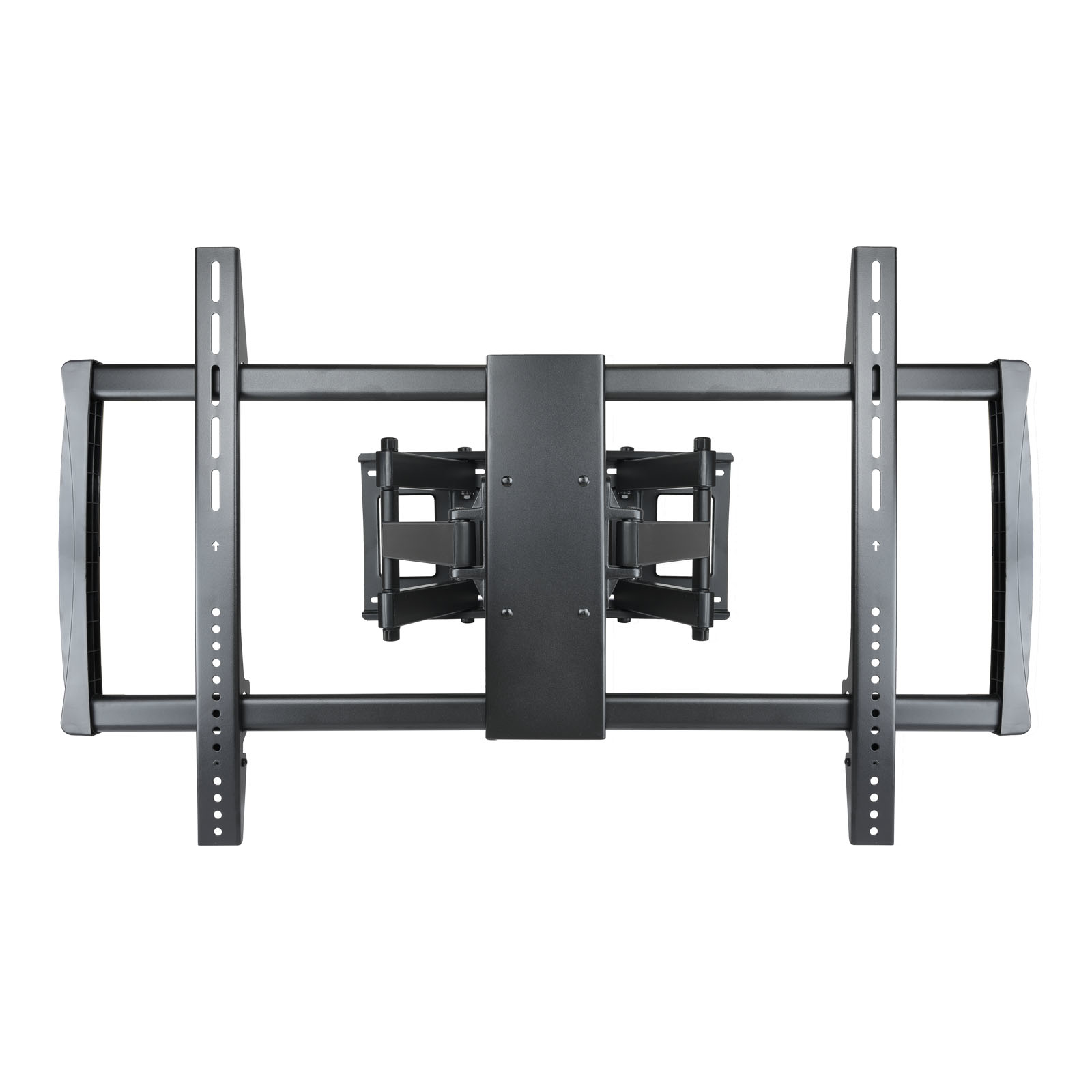 Un soporte de pared negro para TV. Tiene barras verticales y horizontales con articulaciones ajustables.