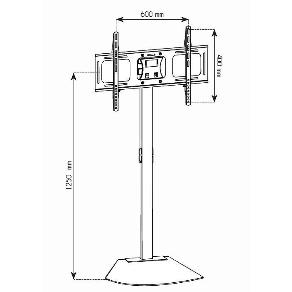 Ein Schwarz-Weiß-Diagramm zeigt einen TV-Ständer mit beschrifteten Abmessungen. Der Ständer hat eine Basis, eine Stange und eine Halterung für einen Fernseher.